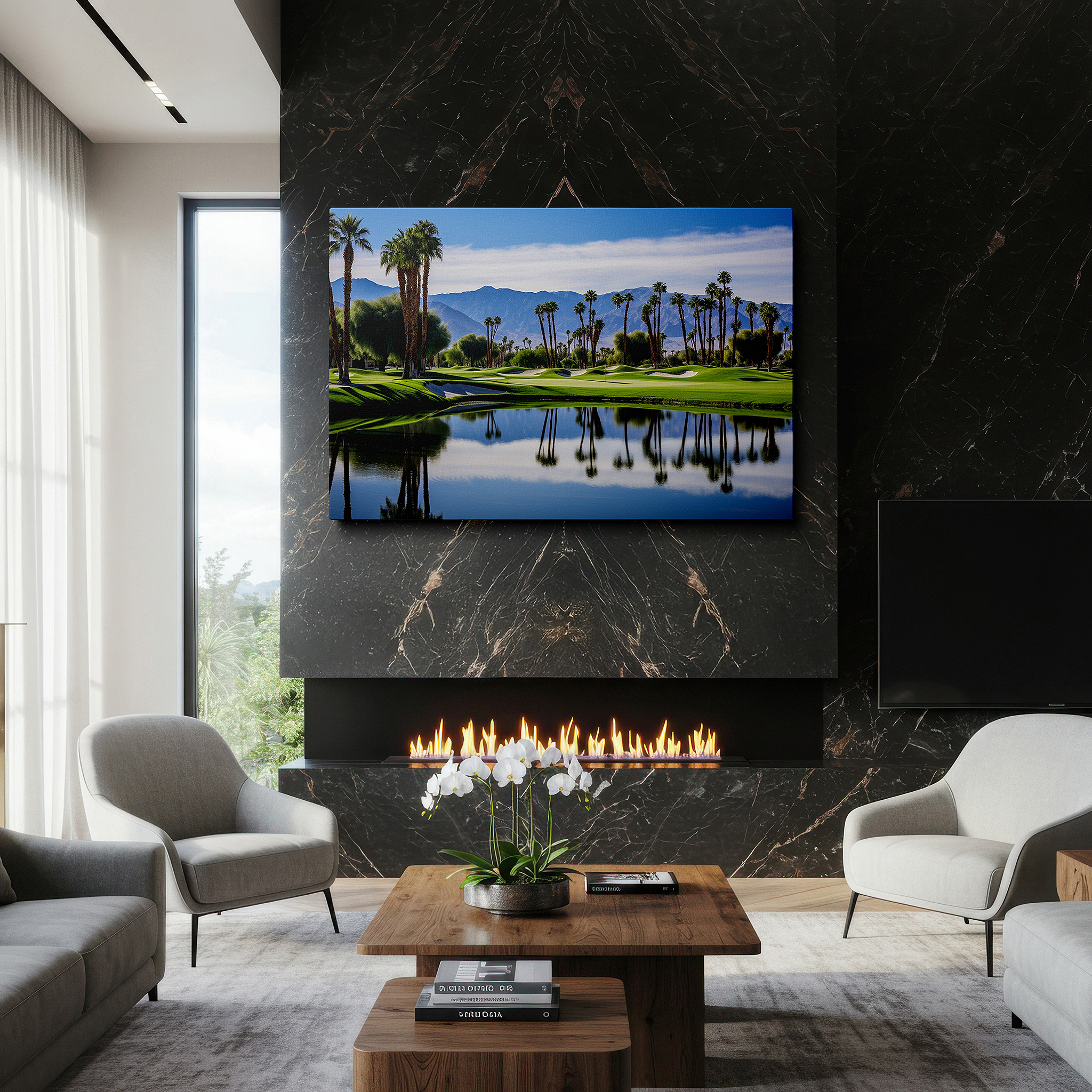 Perfectly sized at 45×30 cm for accenting shelves or narrow walls — serene golf course oasis wall art featuring lush greens, tranquil lake, and majestic mountains - perfect for office or bedroom decor