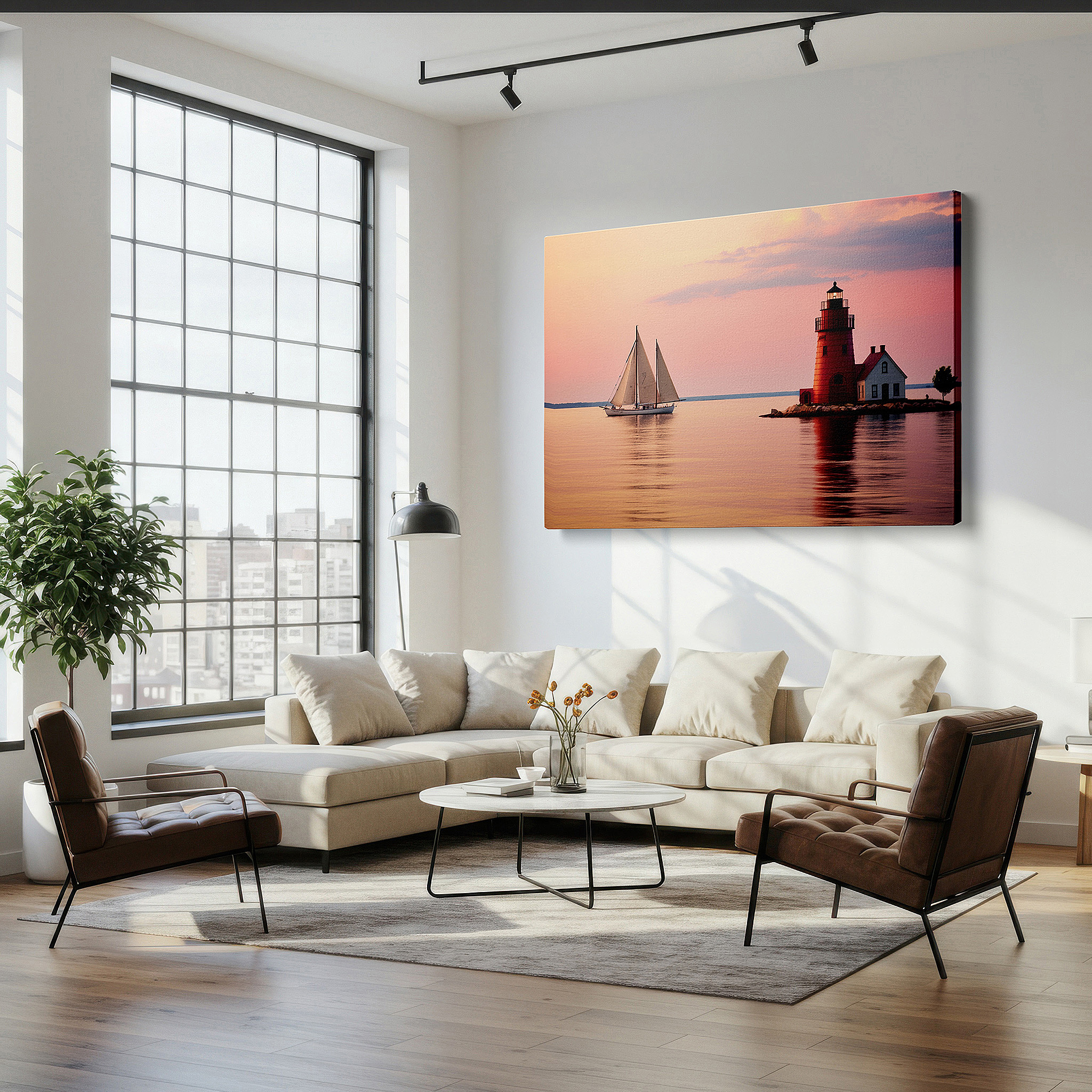 Perfectly sized at 45×30 cm for accenting shelves or narrow walls — serene maritime canvas art featuring red lighthouse and sailboat at twilight - large wall decor for office and bedroom