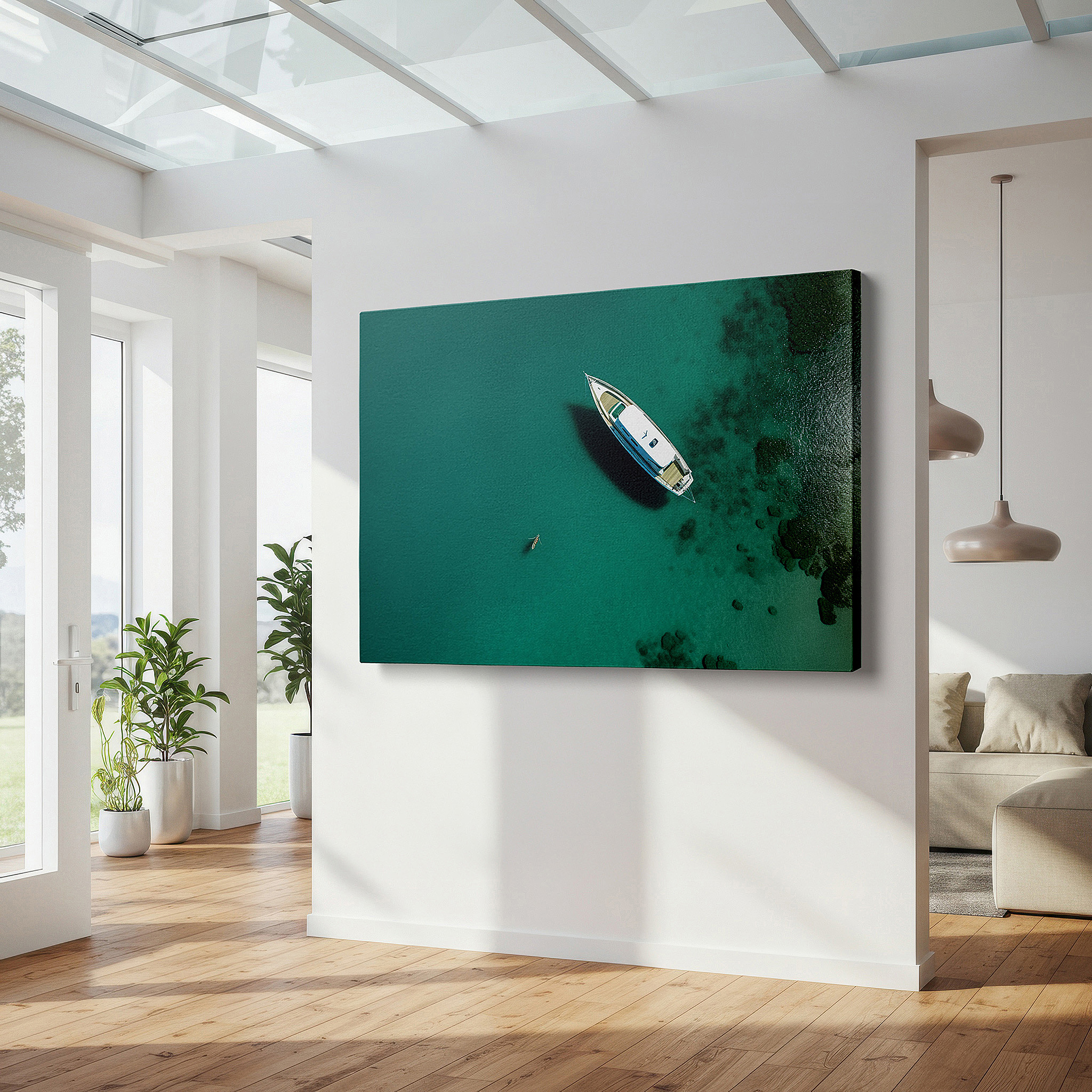 Perfectly sized at 45×30 cm for accenting shelves or narrow walls — serene solitude: aerial view of a lone boat in a tropical cove - large wall art, canvas wall art, wall decor for office and bedroom