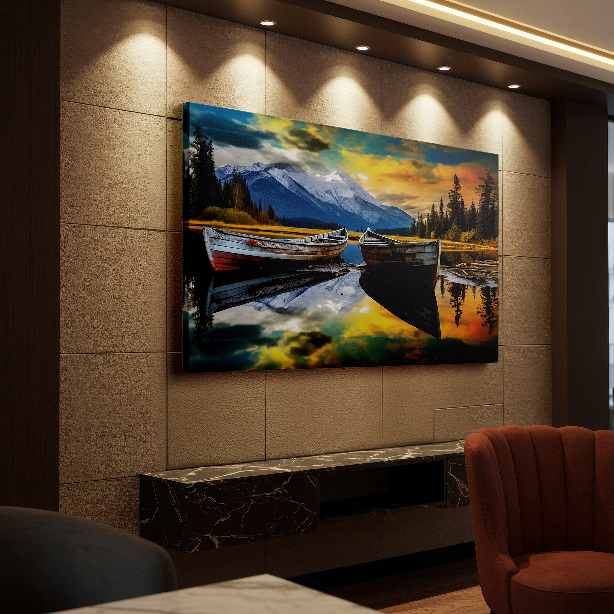 Perfectly sized at 45×30 cm for accenting shelves or narrow walls — serene sunset boats on a mountain lake canvas print: large wall art depicting nature's grandeur and inner peace for home and office decor