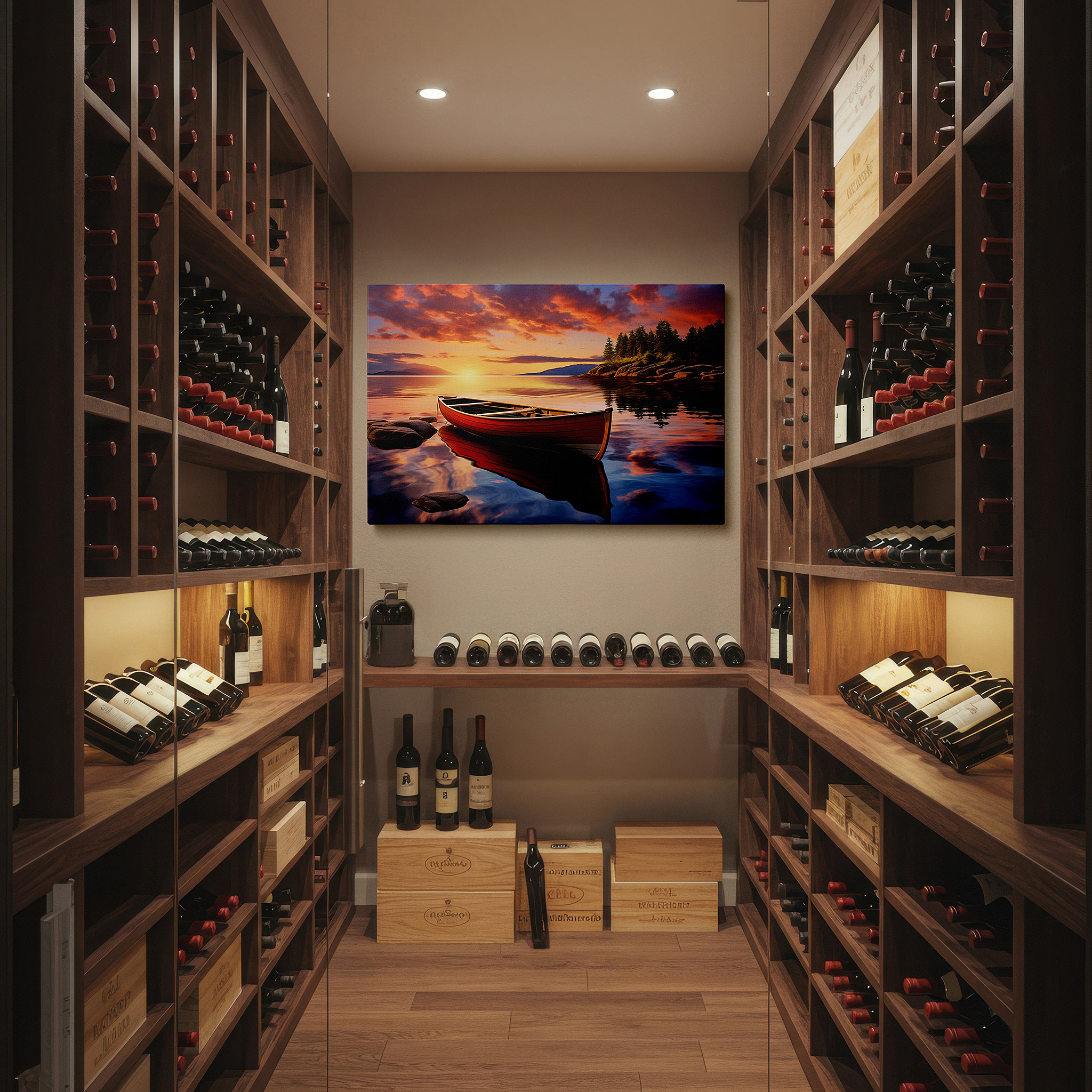 Perfectly sized at 45×30 cm for accenting shelves or narrow walls — serene sunset and red canoe by rugged rocks - tranquil lake escape large wall art, canvas wall art, wall decor for office and bedroom