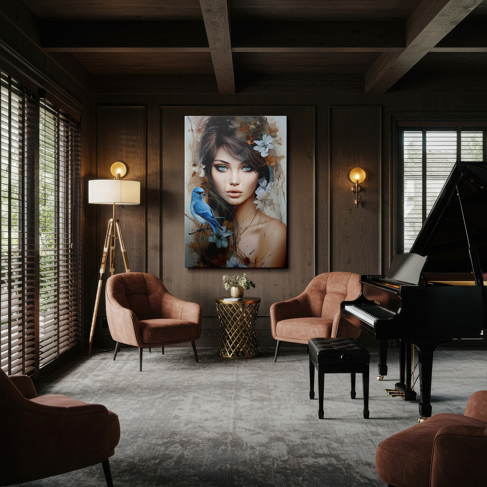 Perfectly sized at 45×30 cm for accenting shelves or narrow walls — serene woman surrounded by lively birds and blossoms - a harmonious blend of nature and humanity, large wall art, canvas wall art, wall decor, office wall art