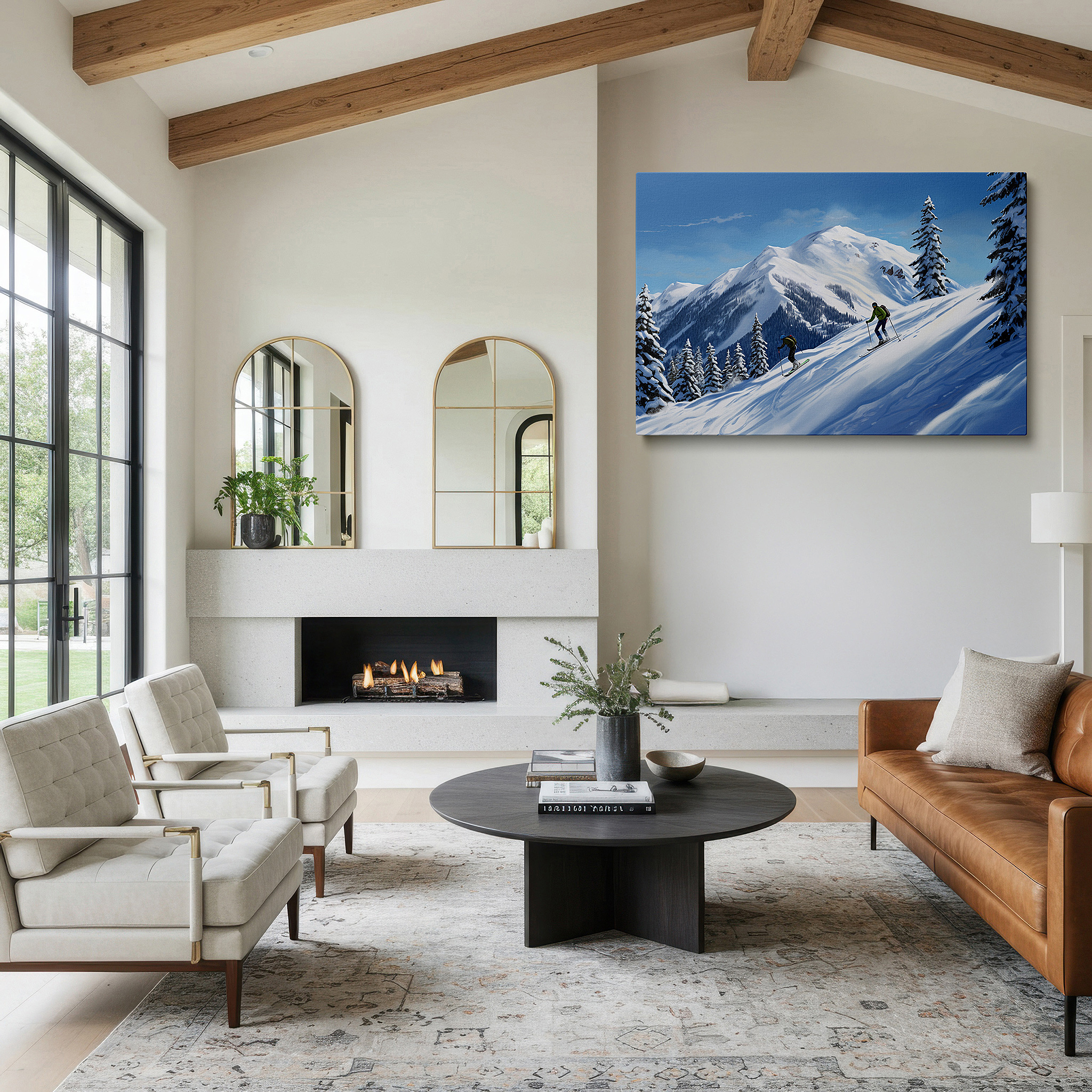 Perfectly sized at 45×30 cm for accenting shelves or narrow walls — skiers traverse beneath blue skies between snow-capped mountains and verdant pines large wall art, canvas wall art, wall decor, office wall art, bedroom wall art