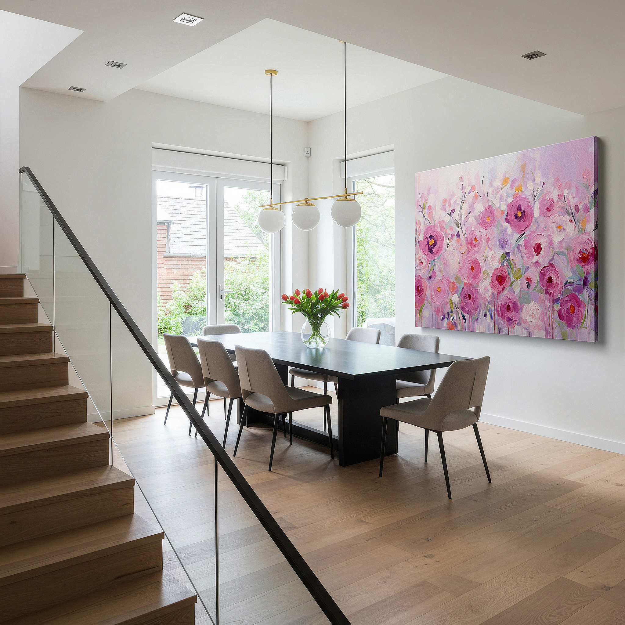 Perfectly sized at 45×30 cm for accenting shelves or narrow walls — soft pink roses symphony and abstract elegance: serene nature and innovation large wall art, canvas wall art, wall decor for office