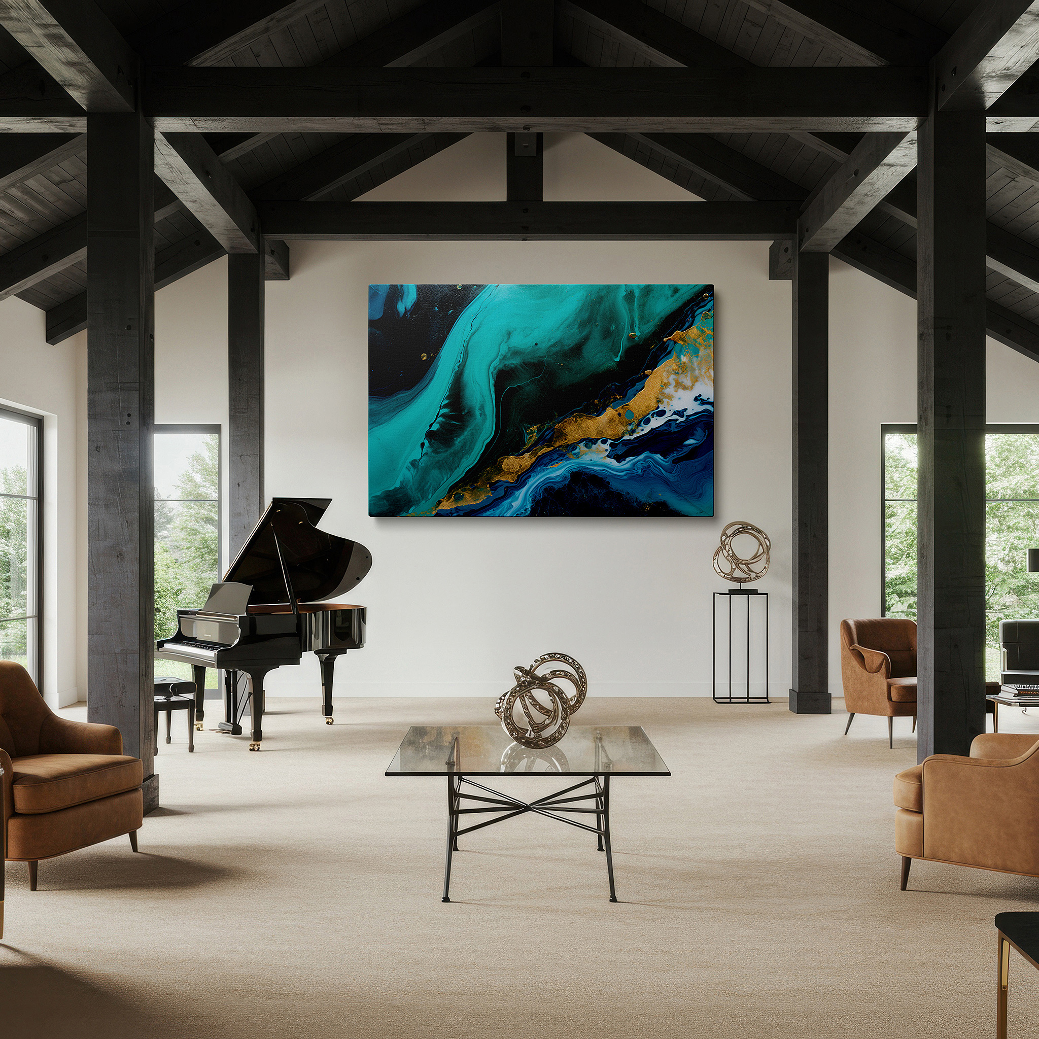 Perfectly sized at 45×30 cm for accenting shelves or narrow walls — stunning turquoise and black wall art with elegant gold accents, large canvas decor for office and bedroom