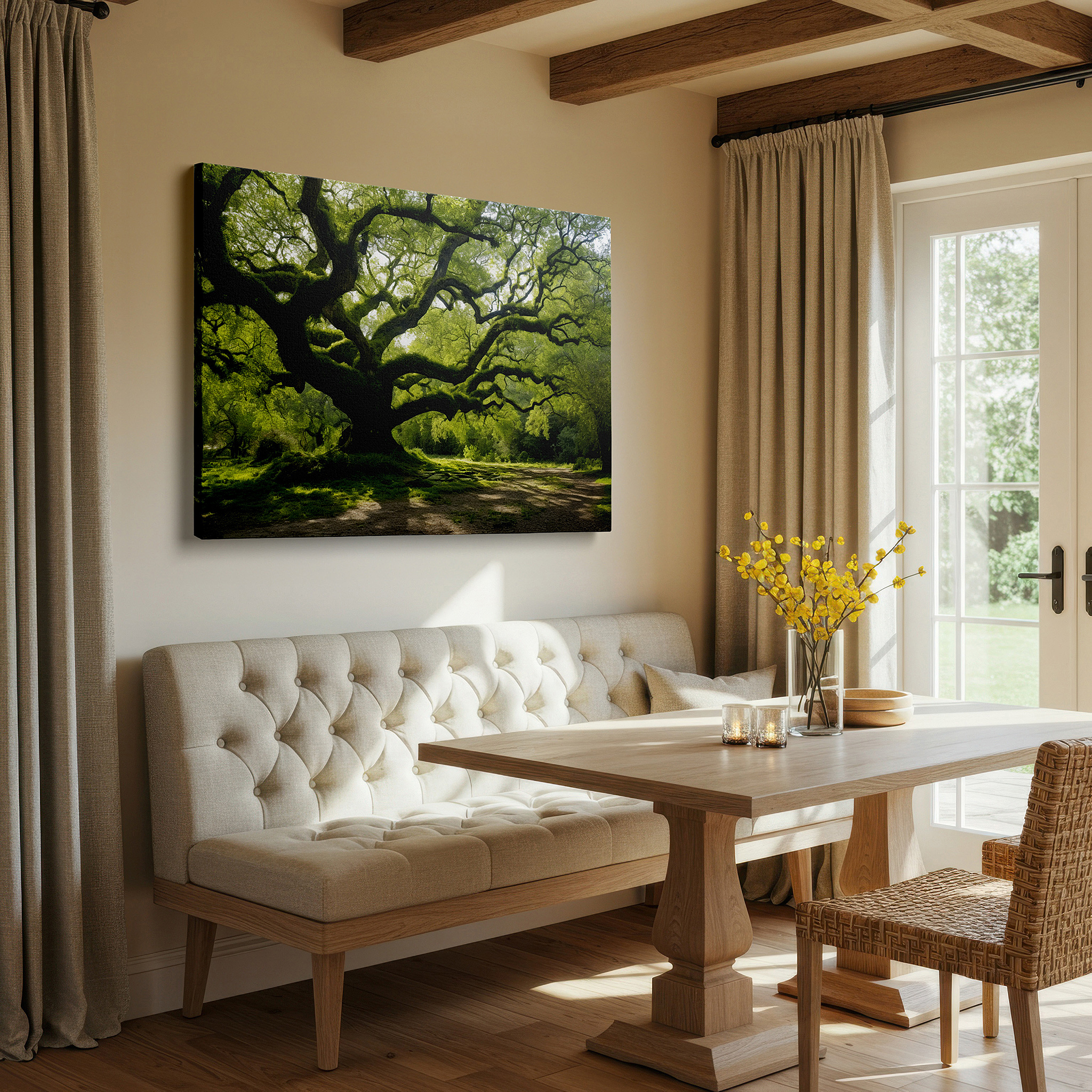 Perfectly sized at 45×30 cm for accenting shelves or narrow walls — sun-dappled ancient tree: a tranquil sanctuary of strength - large canvas wall art for office decor