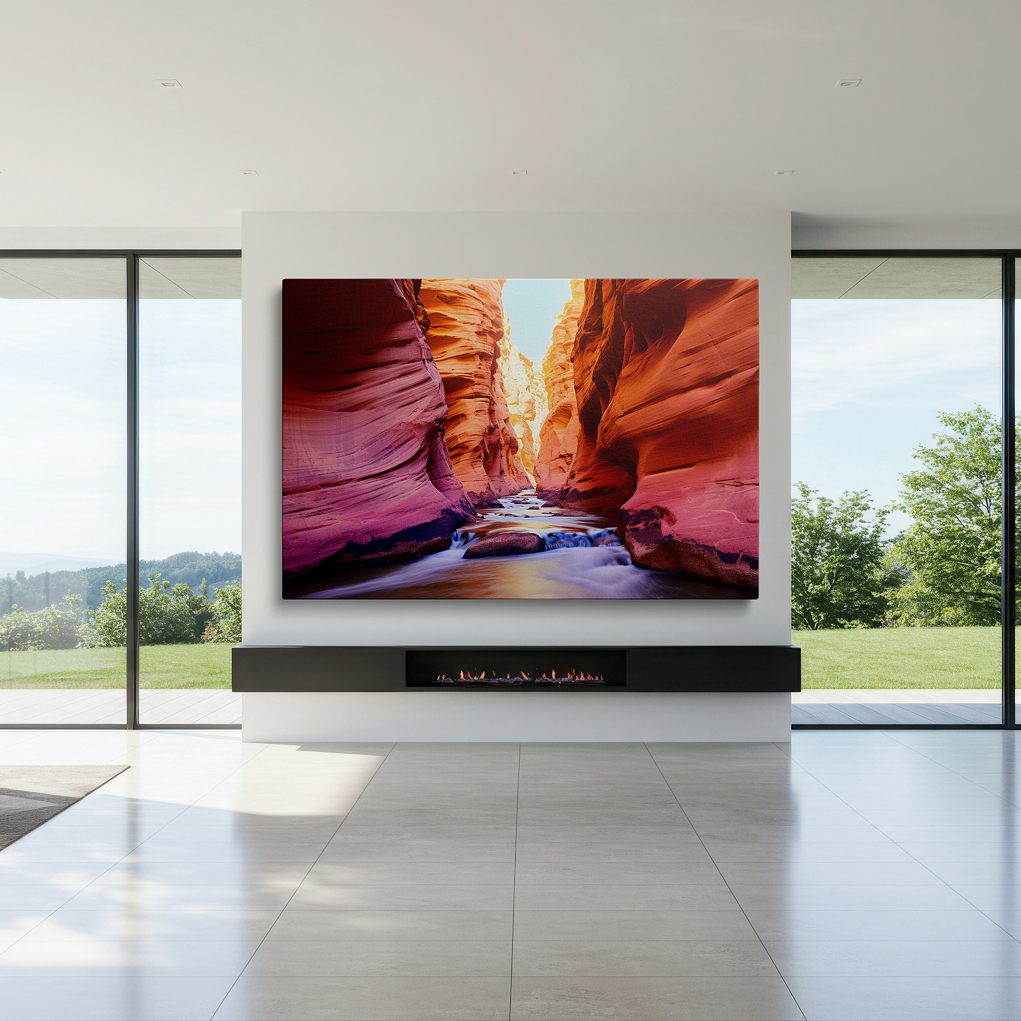 Perfectly sized at 45×30 cm for accenting shelves or narrow walls — sunlit canyon with tranquil waters and ancient rocks large wall art, canvas decor for office, bedroom, and living room