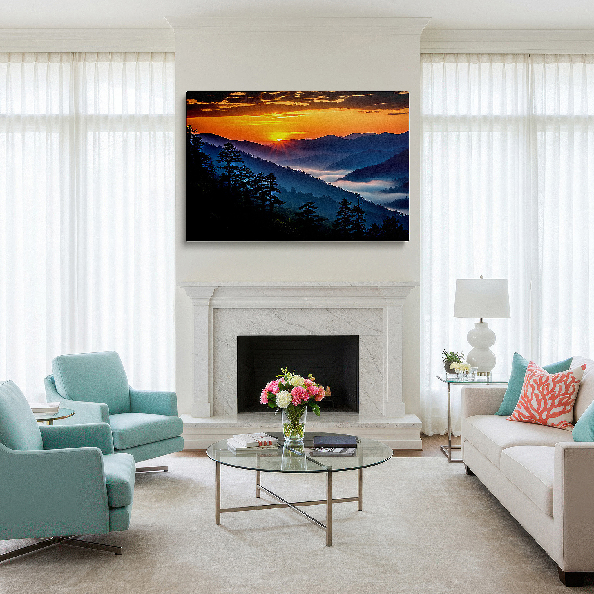 Perfectly sized at 45×30 cm for accenting shelves or narrow walls — sunrise over misty valley wall art: majestic mountains and silhouetted evergreens - large canvas for office or bedroom decor