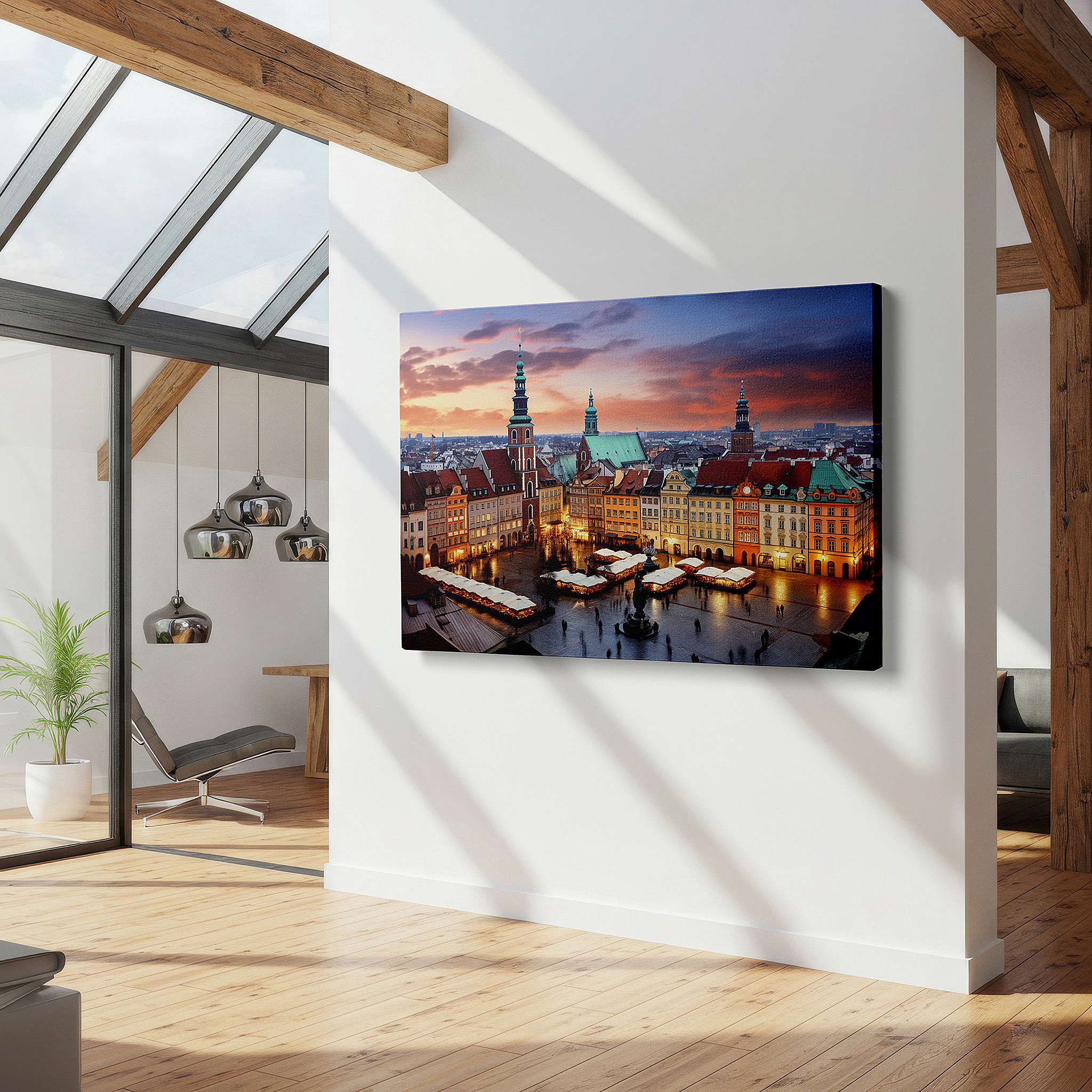 Perfectly sized at 45×30 cm for accenting shelves or narrow walls — sunset glow over historic town square: a display of architectural beauty and community spirit - large wall art, canvas wall art, wall decor for office