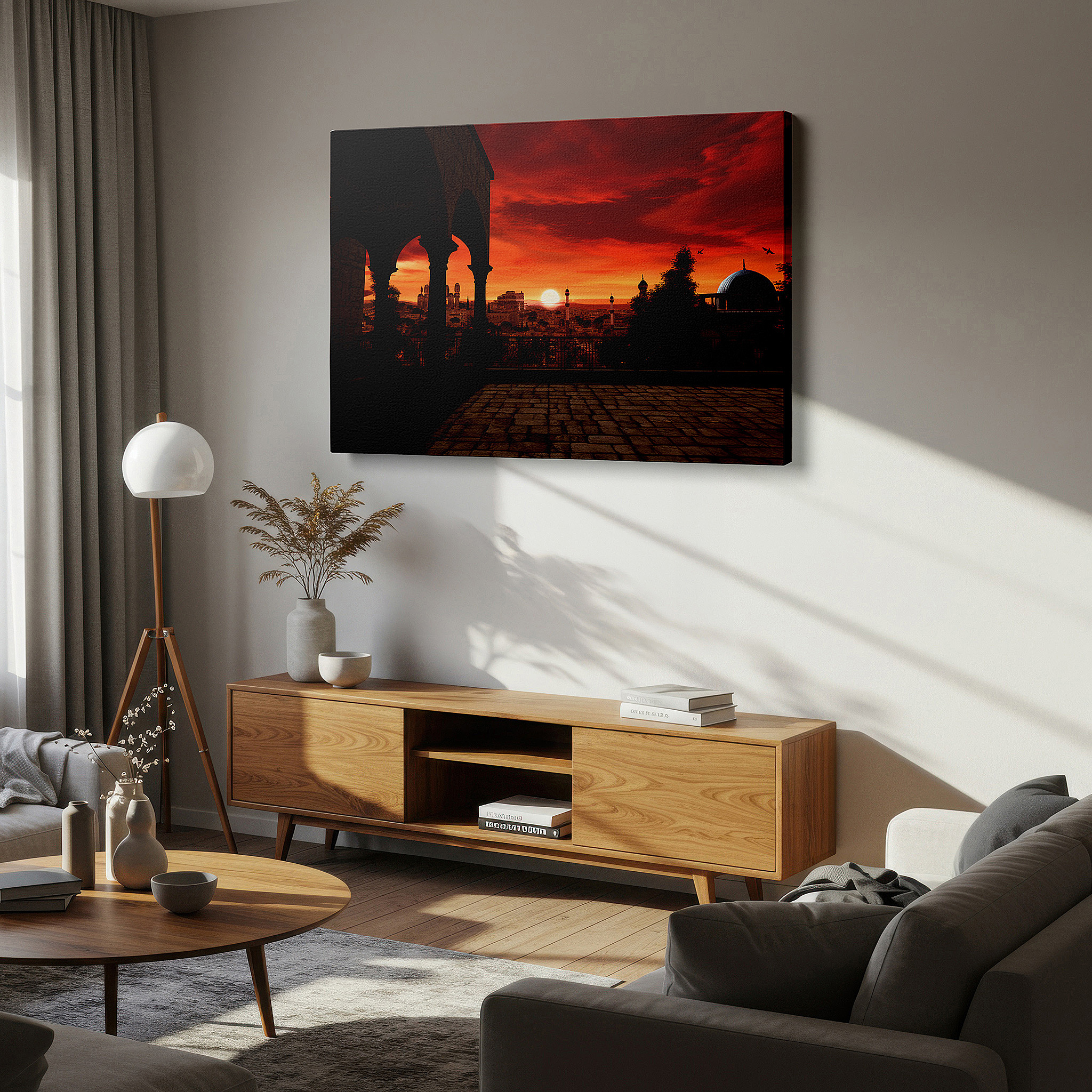 Perfectly sized at 45×30 cm for accenting shelves or narrow walls — sunset over historic cityscape wall art featuring iconic domes and minarets - large canvas for office, bedroom, and living room decor