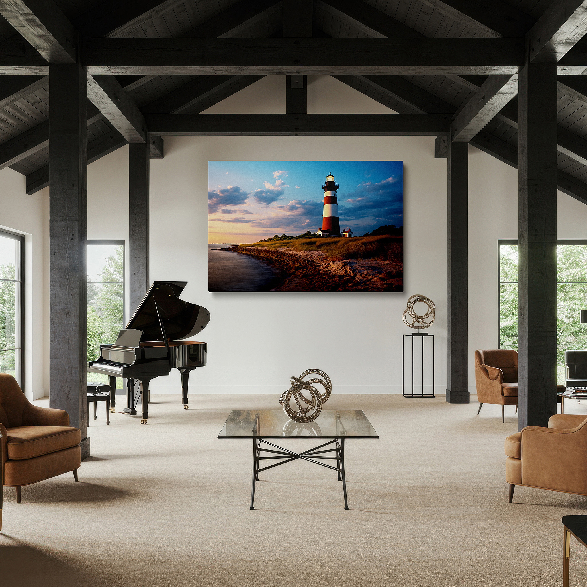 Perfectly sized at 45×30 cm for accenting shelves or narrow walls — sunset at the majestic lighthouse: tranquil beach scene with vibrant colors and serene coastal beauty - large canvas wall art decor