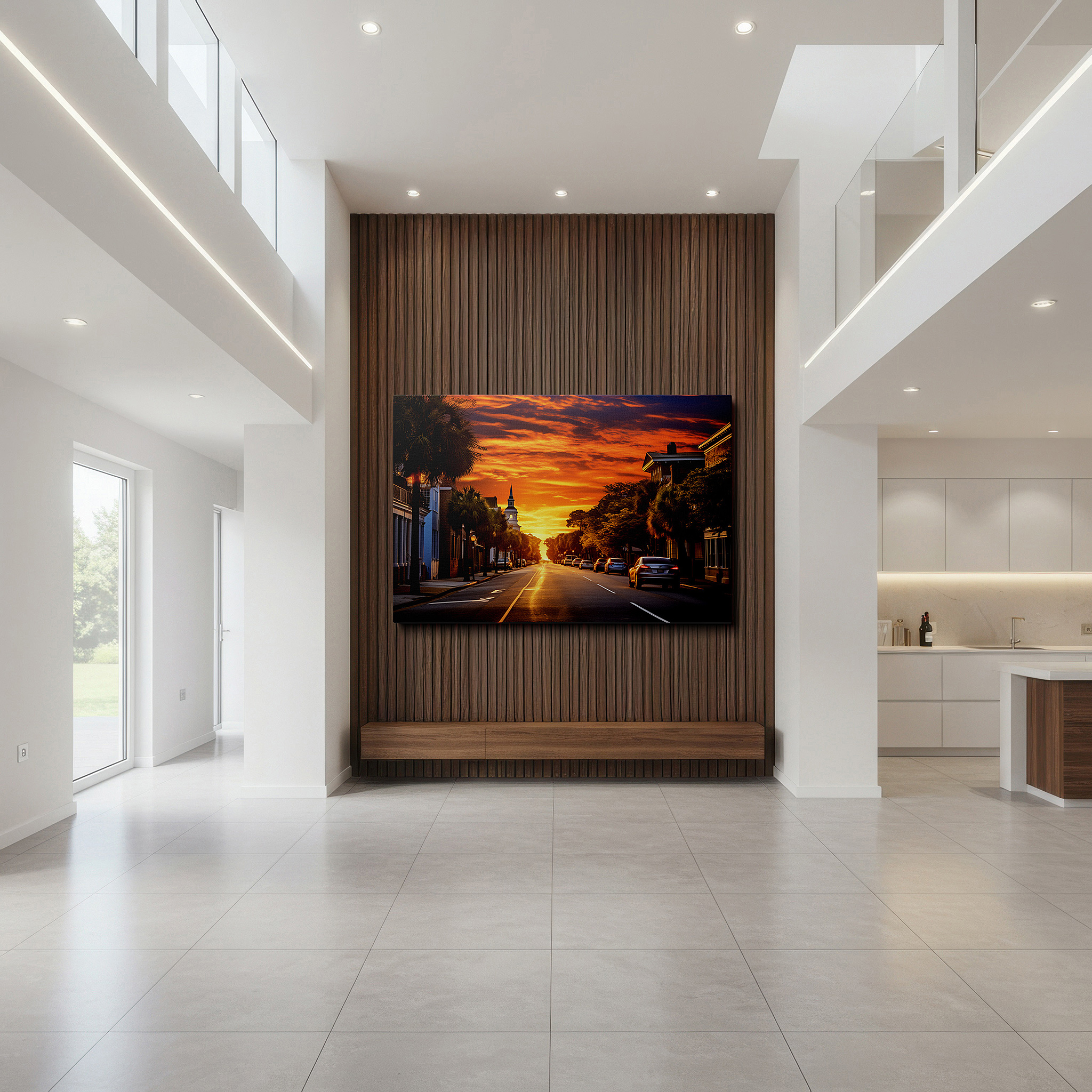 Perfectly sized at 45×30 cm for accenting shelves or narrow walls — sunset serenade on a historic city street: large canvas wall art featuring warm hues and tropical vibes, ideal for office wall decor
