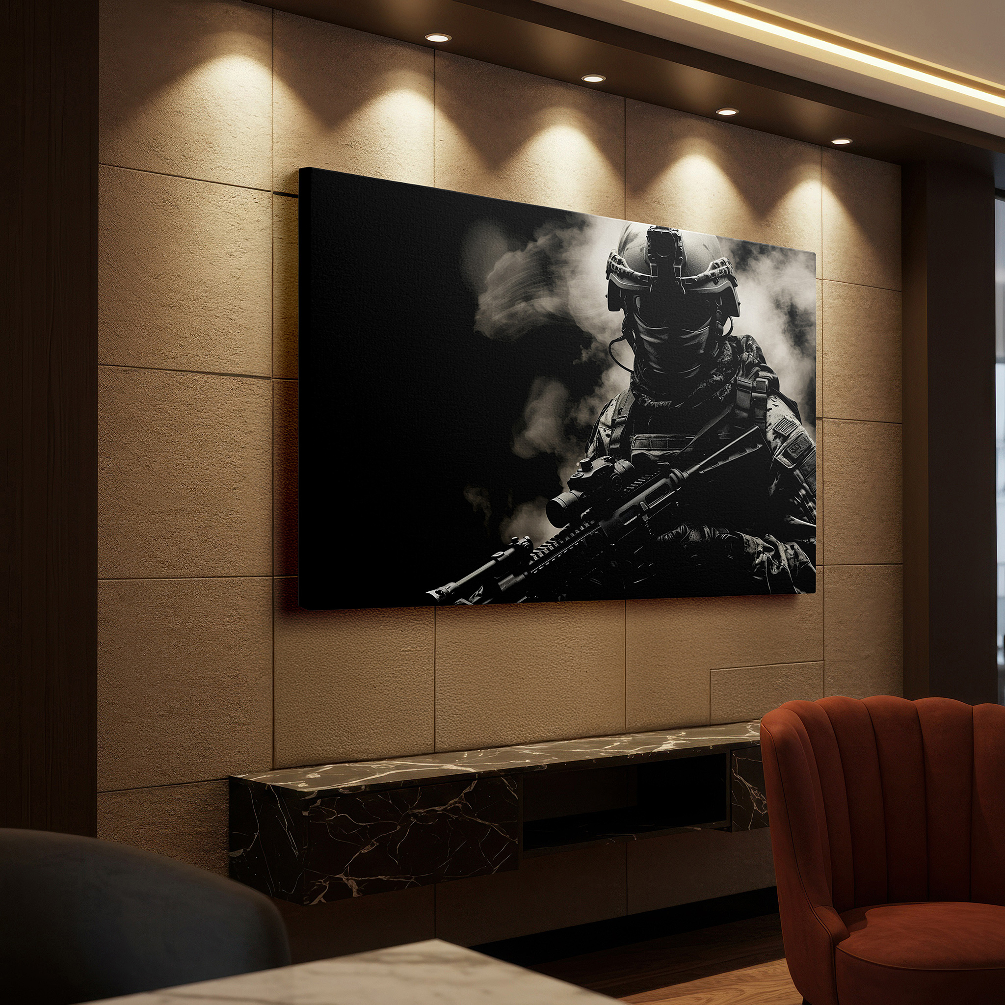 Perfectly sized at 45×30 cm for accenting shelves or narrow walls — tactical soldier in smoke wall art, symbolizing valor and readiness, ideal for office and bedroom decor