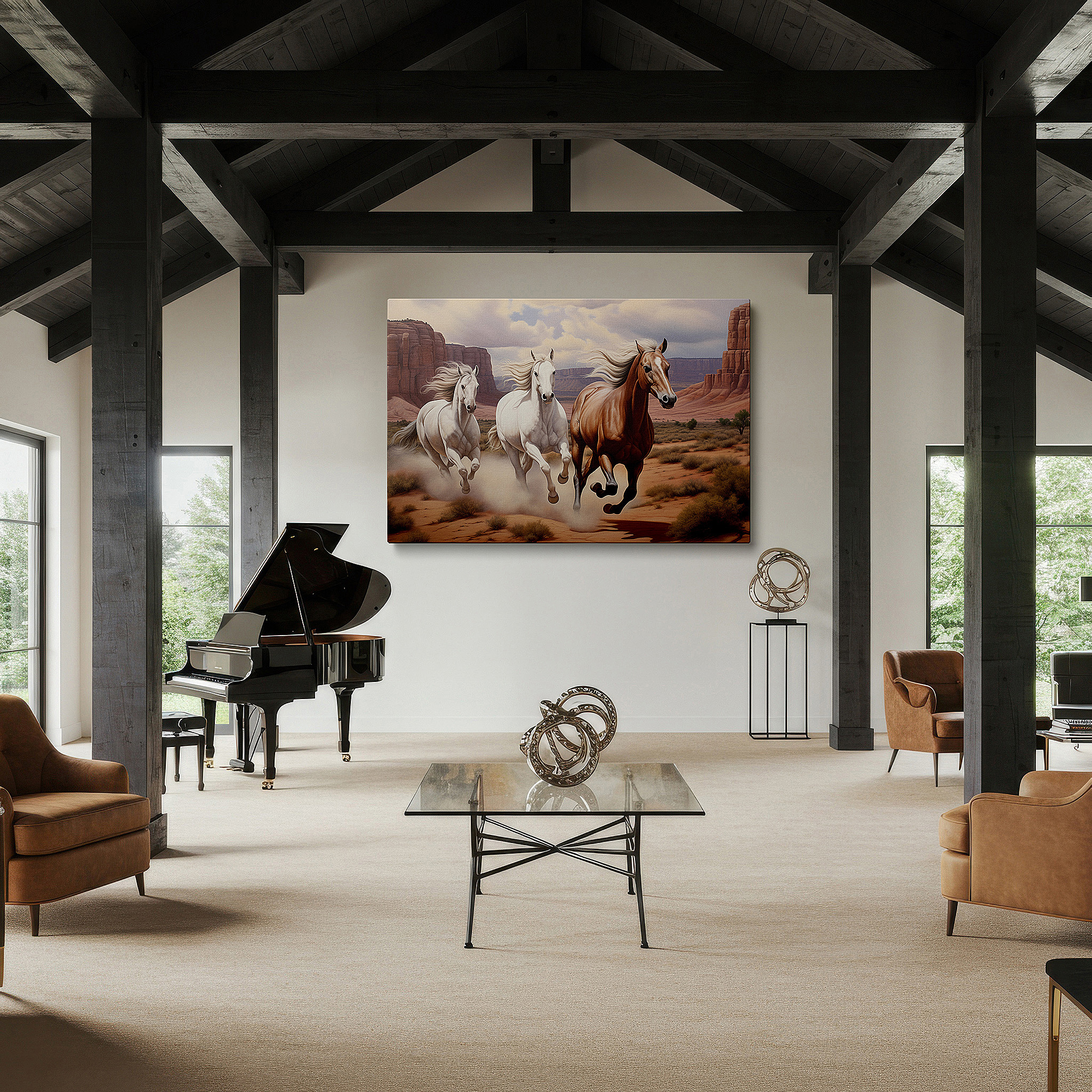 Perfectly sized at 45×30 cm for accenting shelves or narrow walls — three horses galloping across desert landscape beneath stunning red rocks and blue sky, large canvas wall art for office decor