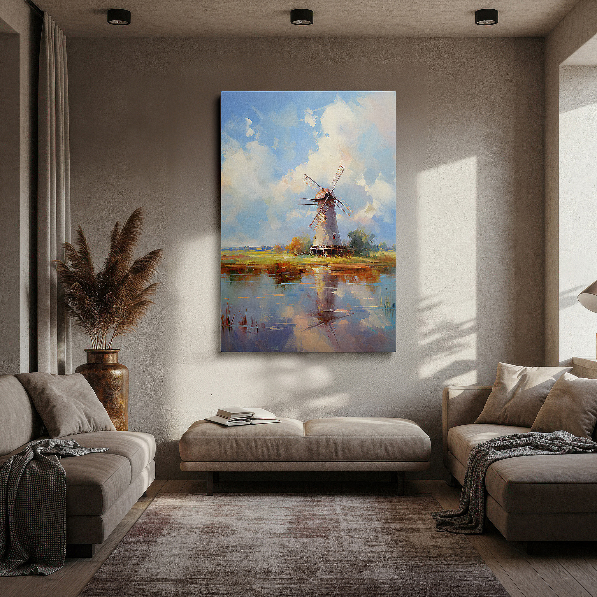 Perfectly sized at 45×30 cm for accenting shelves or narrow walls — traditional windmill by tranquil waters amidst pastoral serenity - large canvas wall art for office and bedroom decor