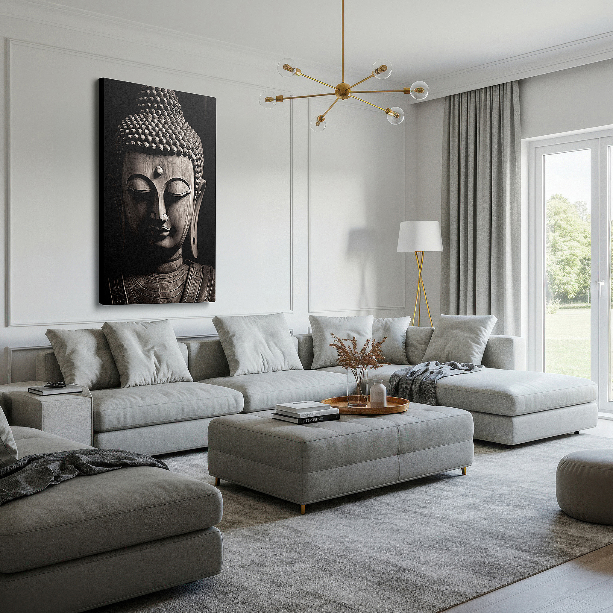 Perfectly sized at 45×30 cm for accenting shelves or narrow walls — tranquil buddha sculpture wall art in black and white - large canvas for spiritual depth and serenity, ideal for office and bedroom decor