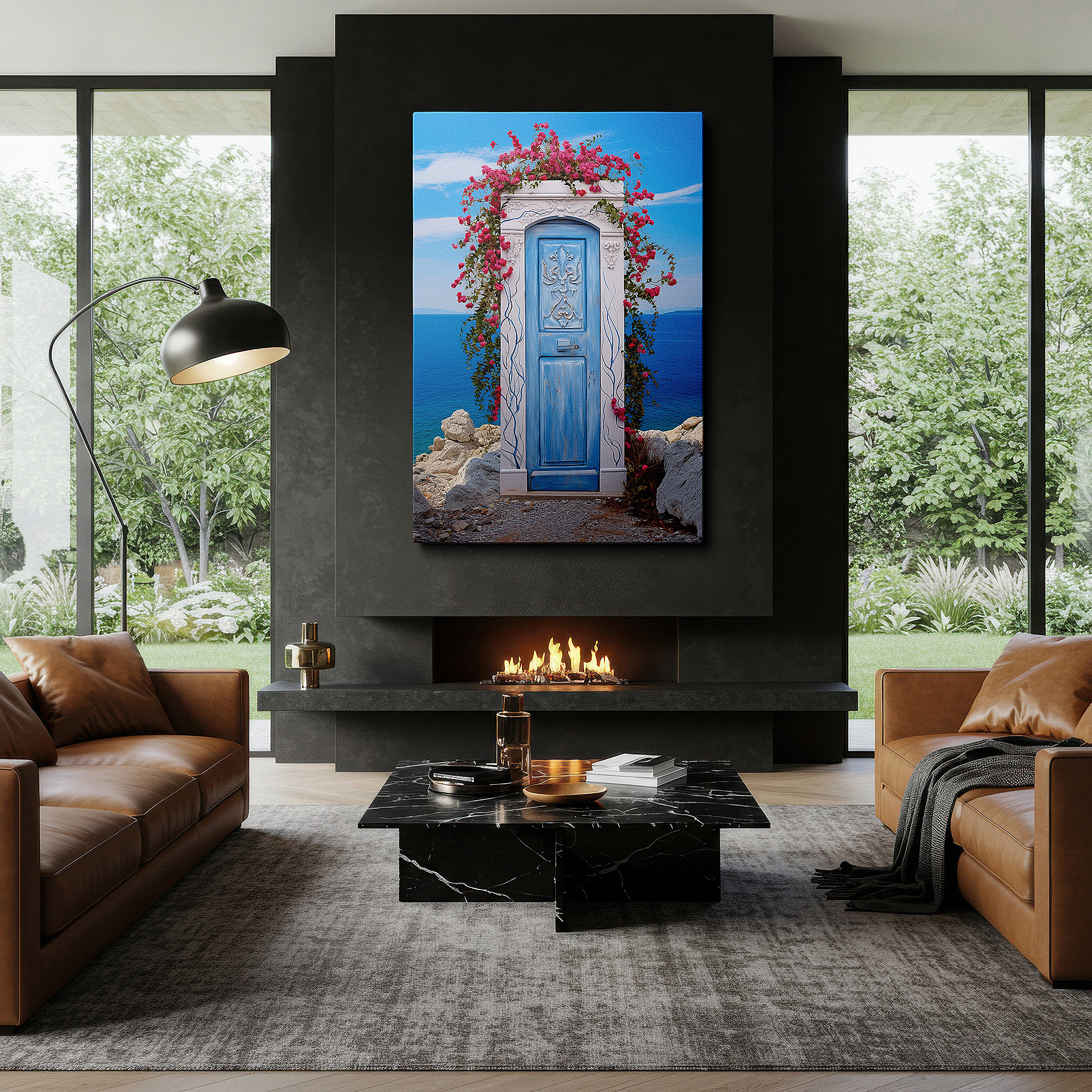Perfectly sized at 45×30 cm for accenting shelves or narrow walls — tranquil doorway canvas with vibrant flowers and ocean views - large wall art for living room, bedroom, or office decor