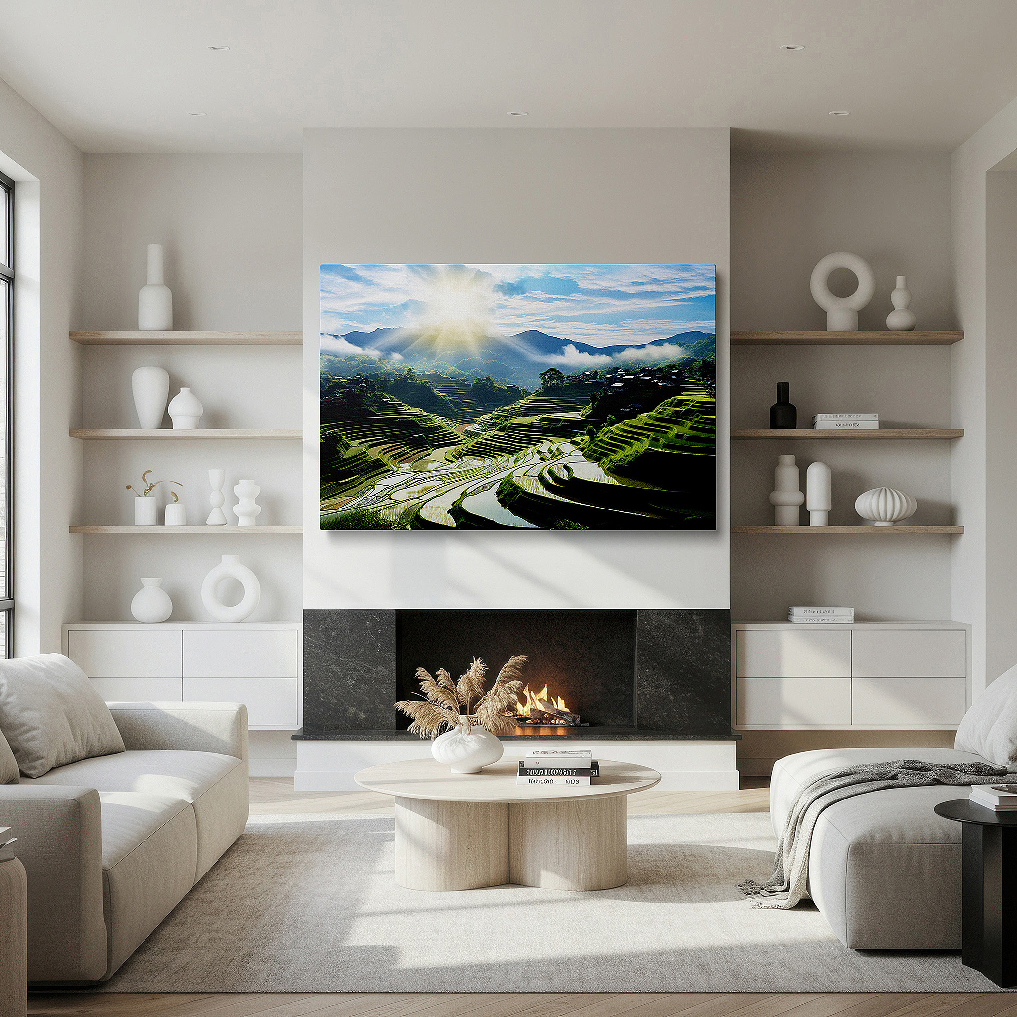 Perfectly sized at 45×30 cm for accenting shelves or narrow walls — tranquil terraced rice fields and sunlit mountains large canvas wall art for office, bedroom, and living room decor