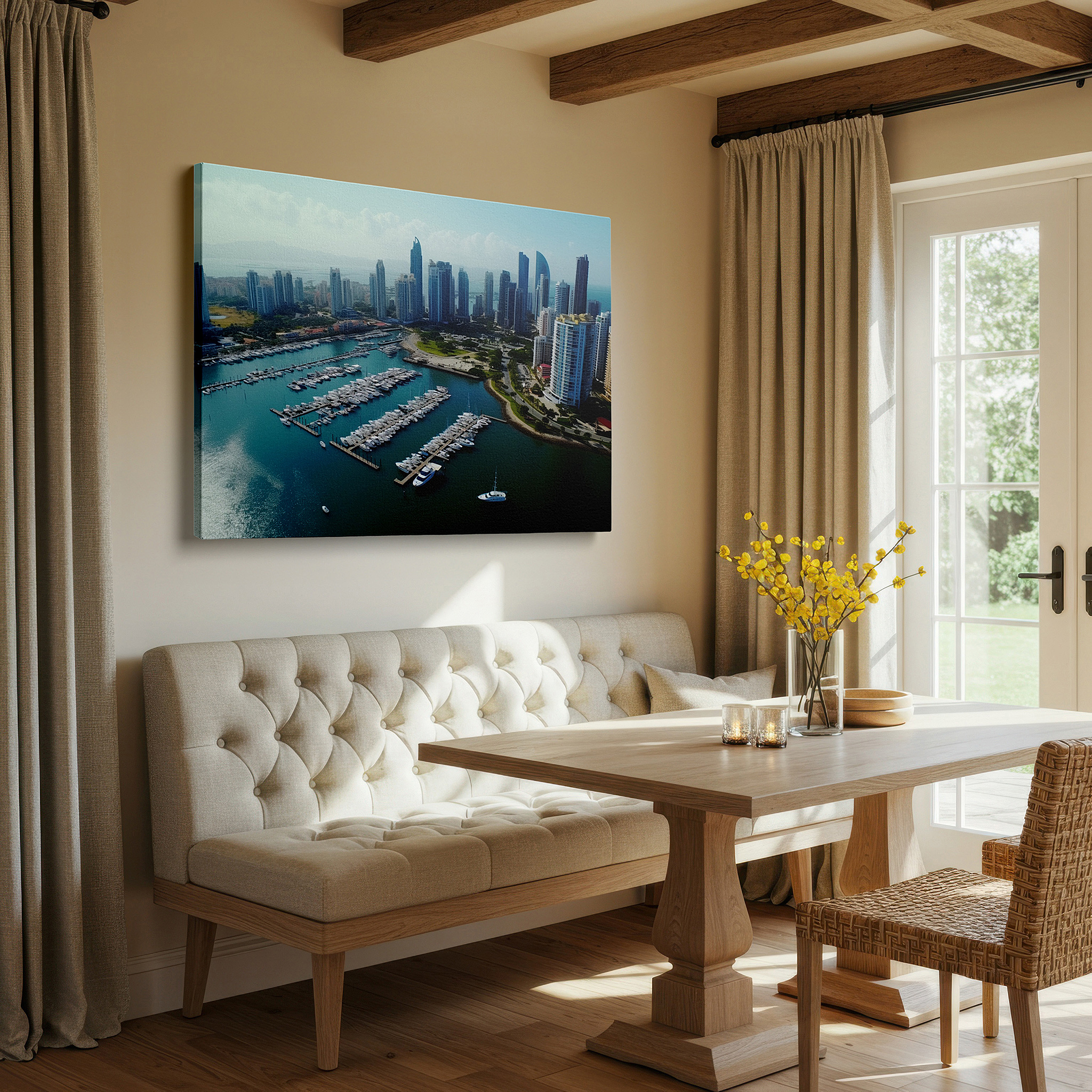 Perfectly sized at 45×30 cm for accenting shelves or narrow walls — urban marina elegance: skyscrapers and luxurious yachts wall art - large canvas for office and bedroom decor