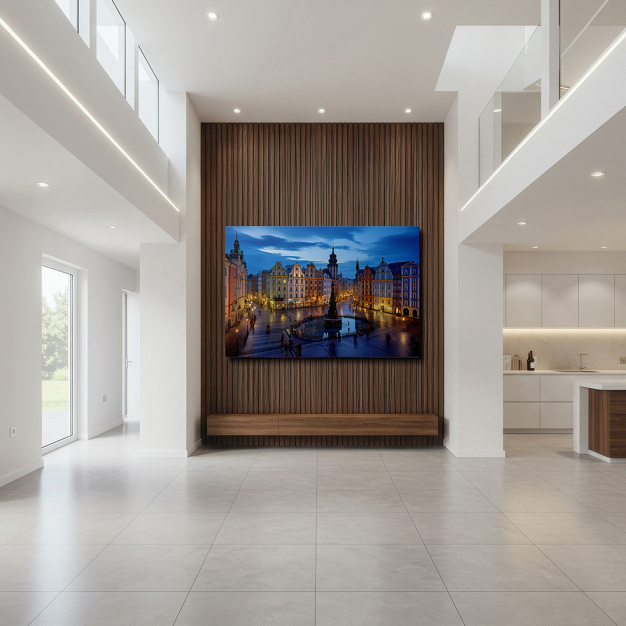 Perfectly sized at 45×30 cm for accenting shelves or narrow walls — urban oasis at dusk: vibrant city square with sculpted fountain and majestic buildings - large wall art, canvas wall art, wall decor for office