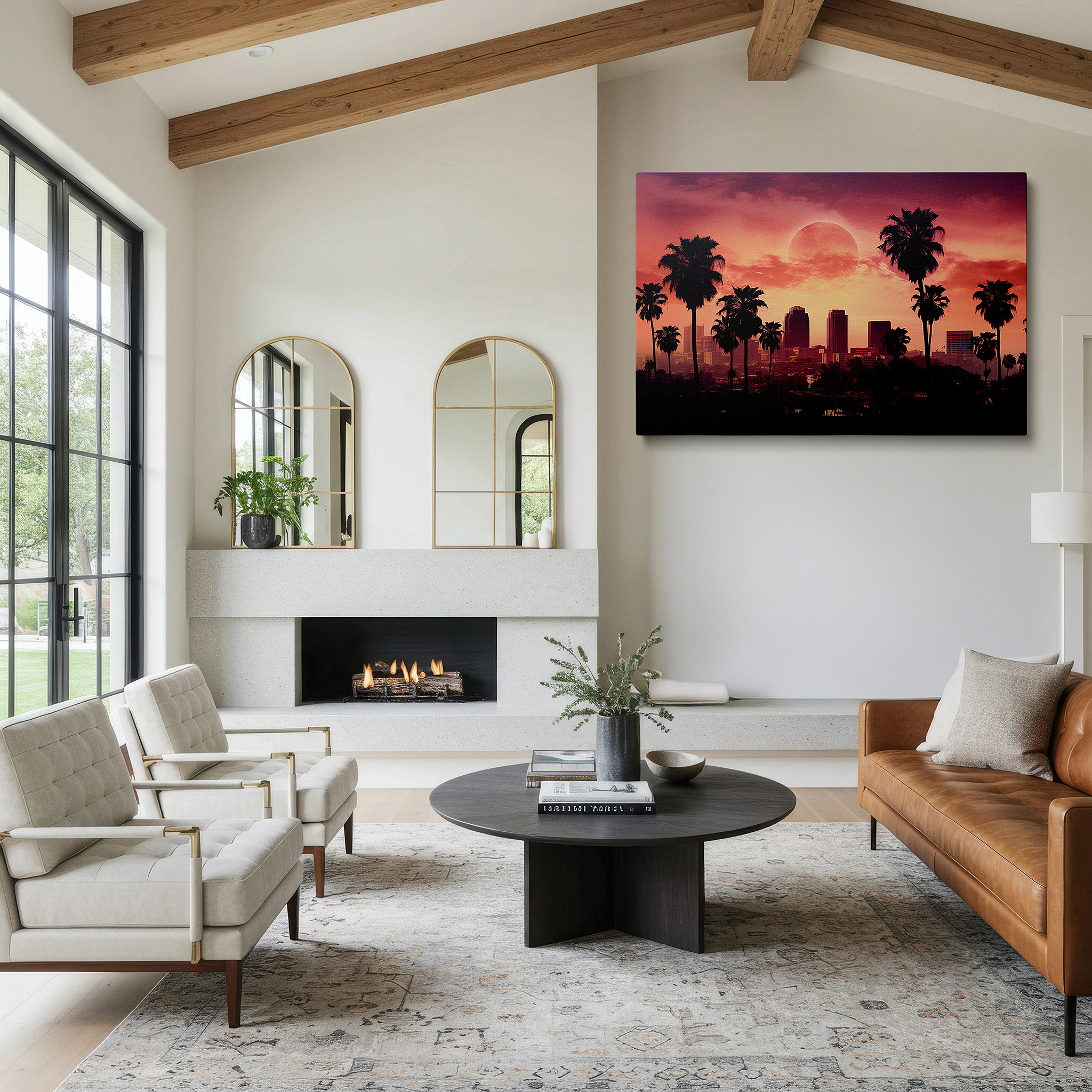 Perfectly sized at 45×30 cm for accenting shelves or narrow walls — urban and tropical sunset skyline - serene fusion of city and nature large wall art, canvas decor for office and bedroom
