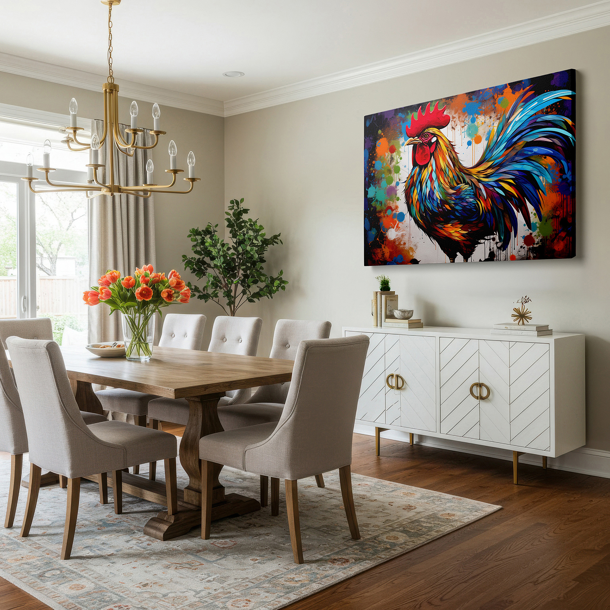 Perfectly sized at 45×30 cm for accenting shelves or narrow walls — vibrant rooster portrait representing new beginnings and dawn - large canvas wall art for office, bedroom, and living room decor