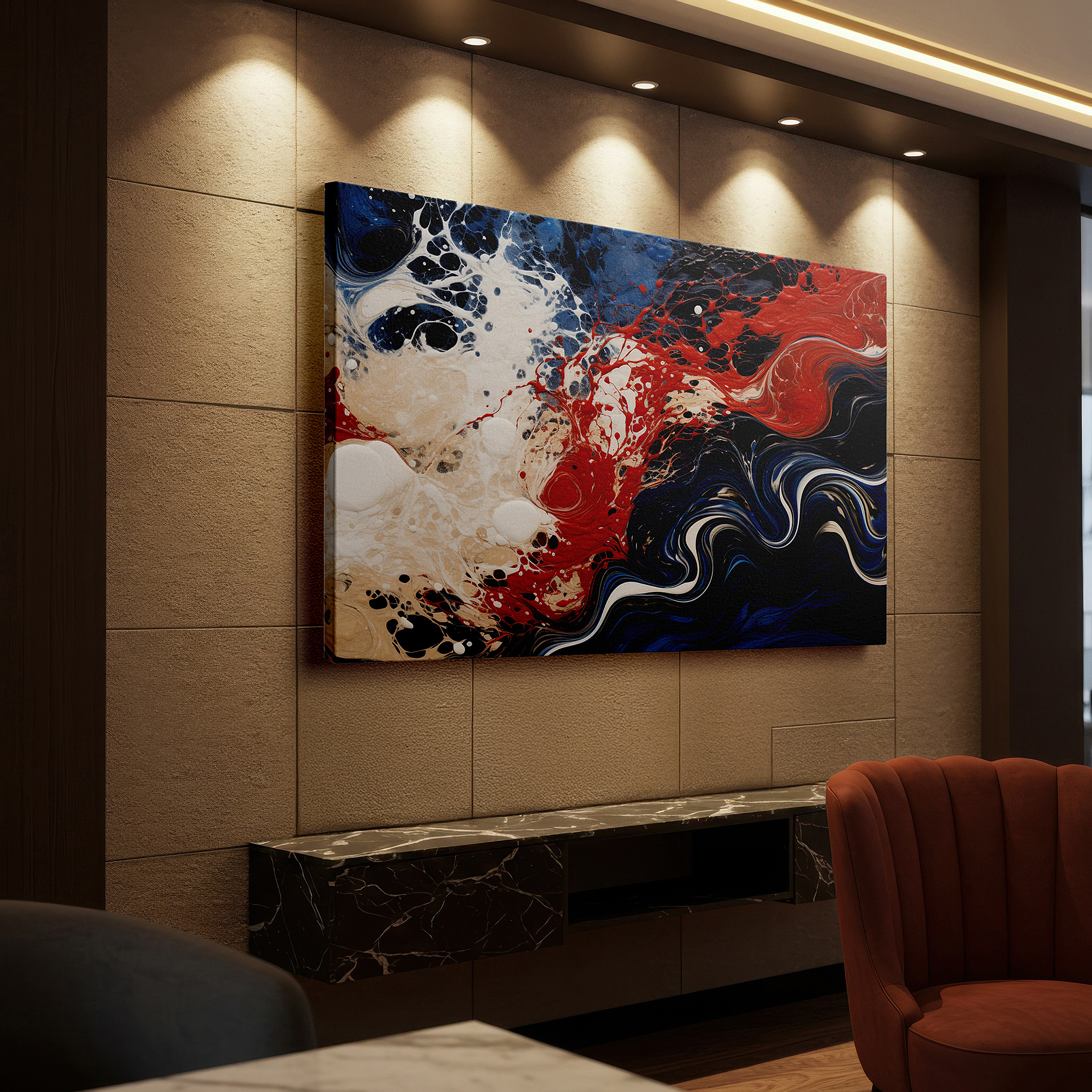 Perfectly sized at 45×30 cm for accenting shelves or narrow walls — a vivid display of reds, blues, and whites: celebrating motion and emotion - large wall art, canvas wall art, wall decor for offices