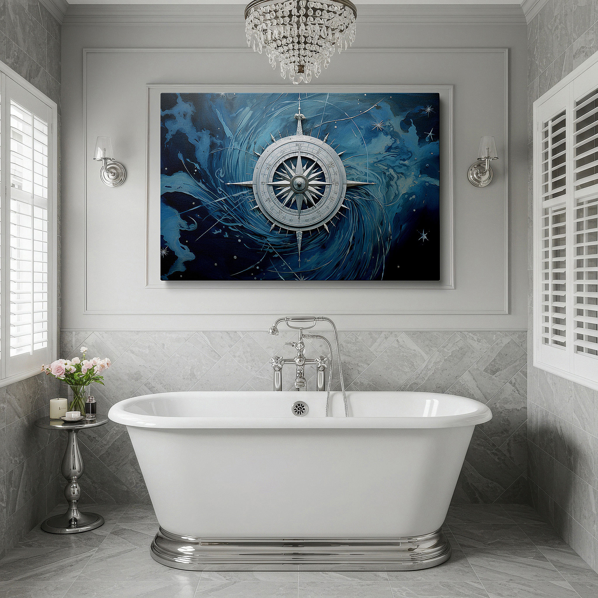 Perfectly sized at 45×30 cm for accenting shelves or narrow walls — wall art: "compass of dreams" - adventure beacon amidst oceanic swirls, large canvas wall art for office, bedroom, and living room decor