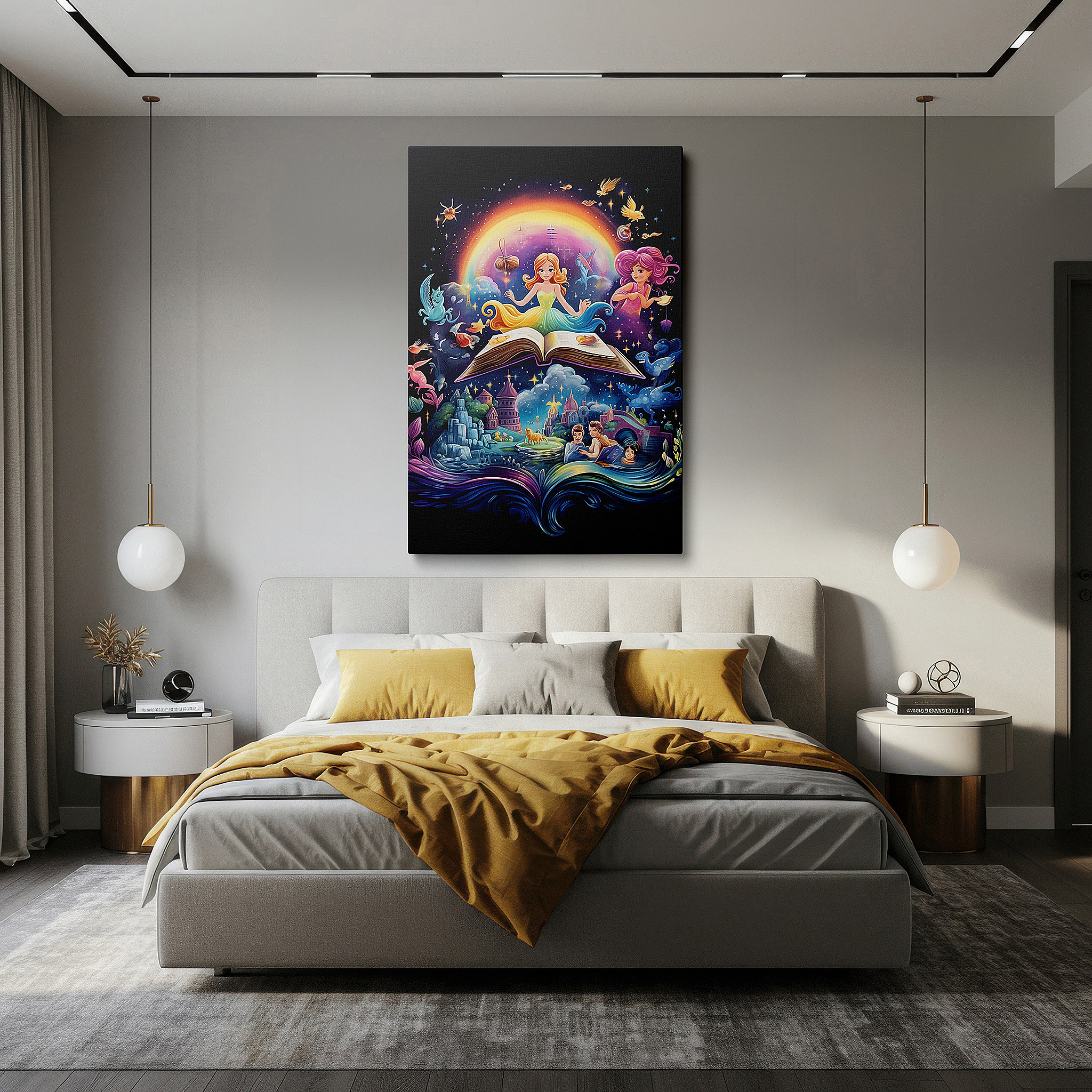 Perfectly sized at 45×30 cm for accenting shelves or narrow walls — wall art: enchanting scene of a girl levitating over a book, unleashing magic and wonder - large canvas for home and office decor, perfect for living rooms and bedrooms.