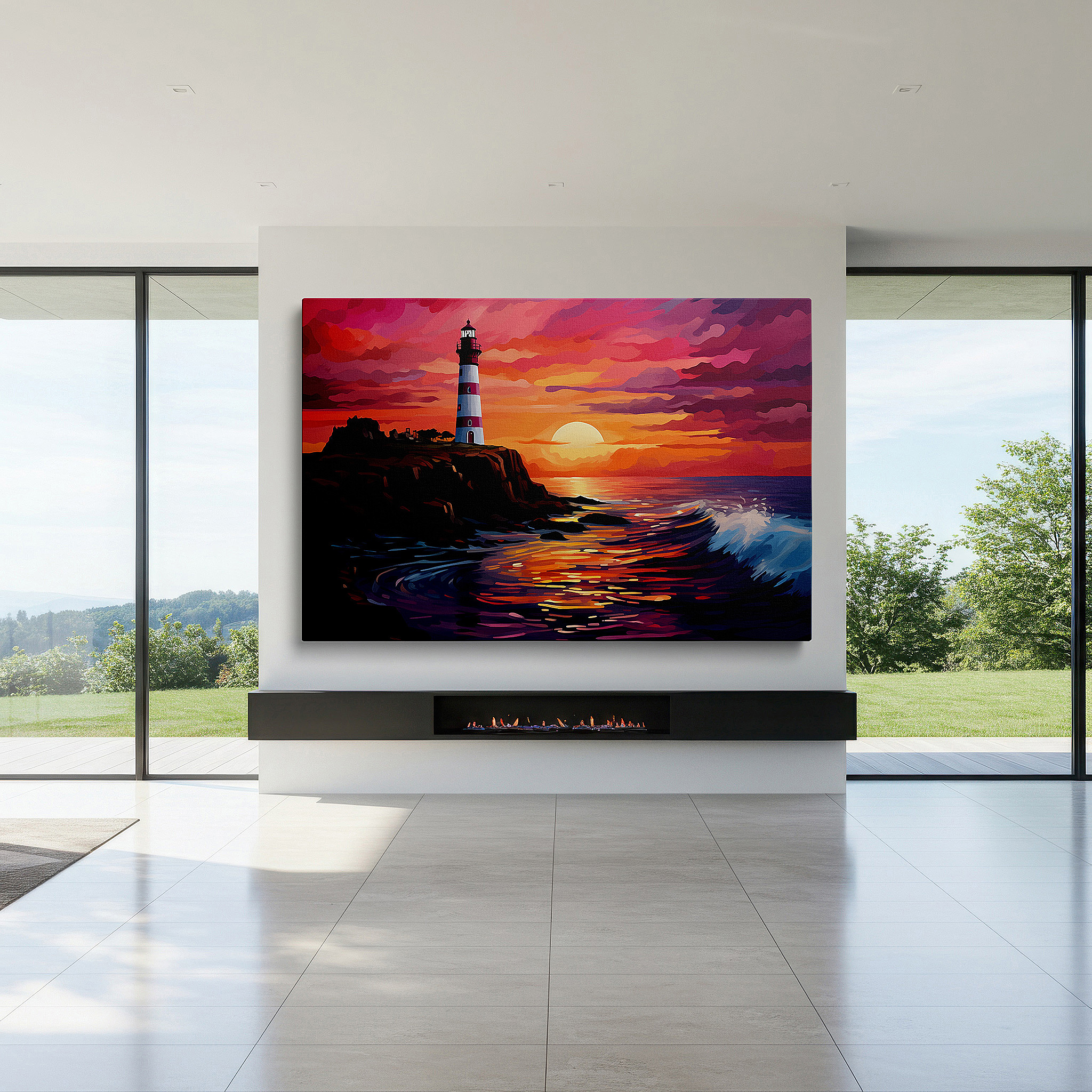 Perfectly sized at 45×30 cm for accenting shelves or narrow walls — wall art: majestic lighthouse at sunset - a beacon of hope against a vibrant sky. large canvas wall art for office and bedroom decor.