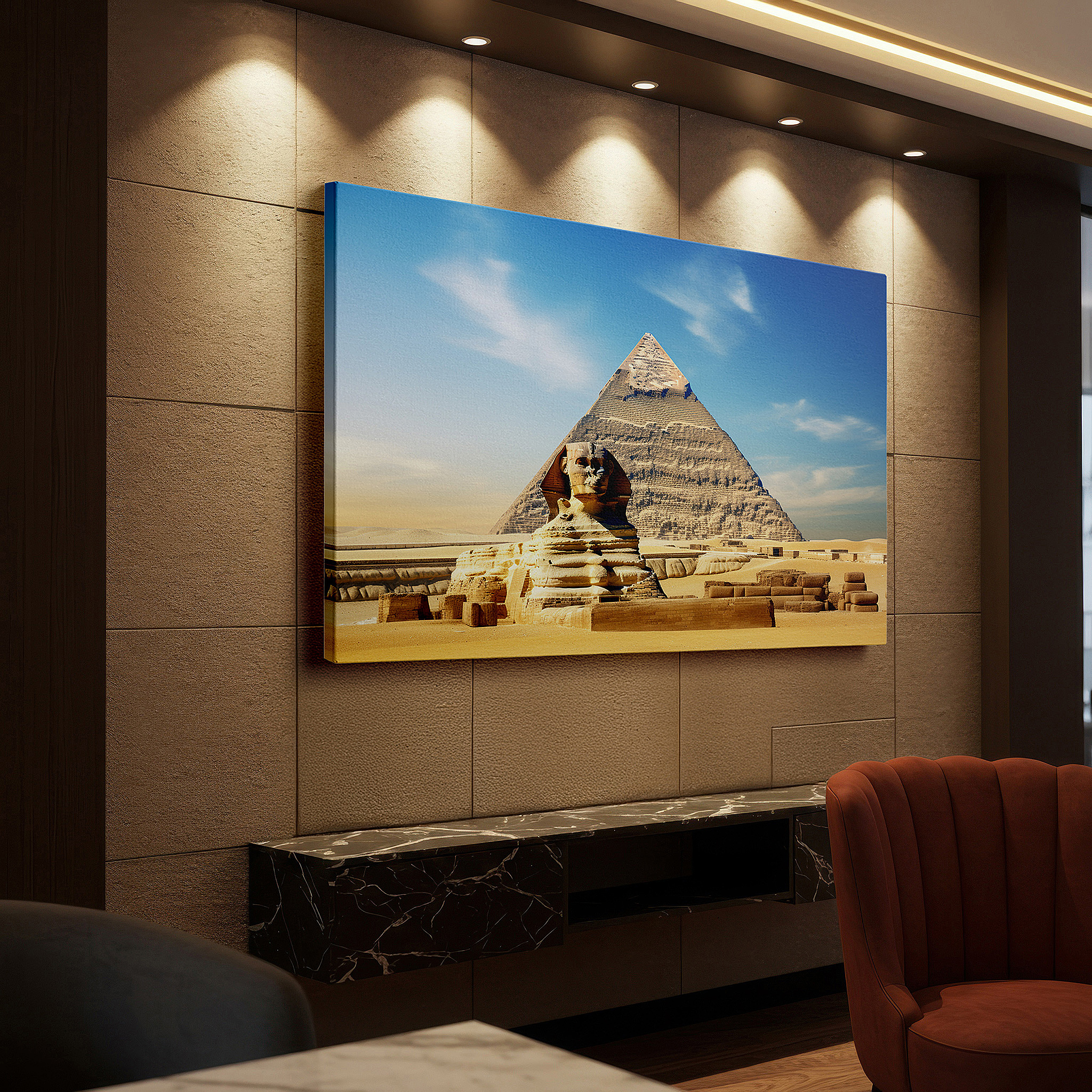 Perfectly sized at 45×30 cm for accenting shelves or narrow walls — wall art: majestic sphinx and pyramid beneath a bright blue sky - a tribute to the wonders of ancient egypt, large canvas wall art for home and office decor