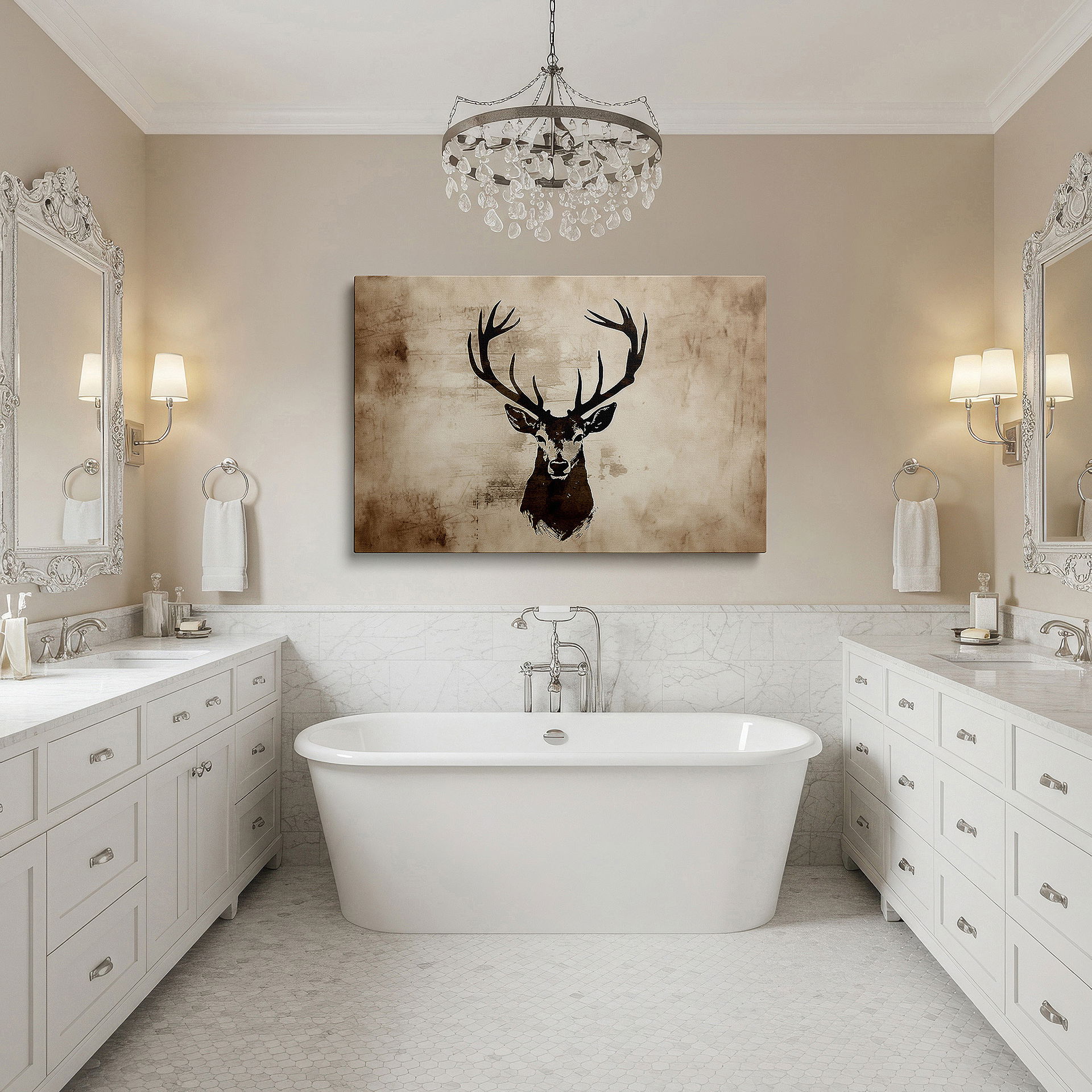 Perfectly sized at 45×30 cm for accenting shelves or narrow walls — wall art: majestic stag at dawn, emblem of wild elegance
