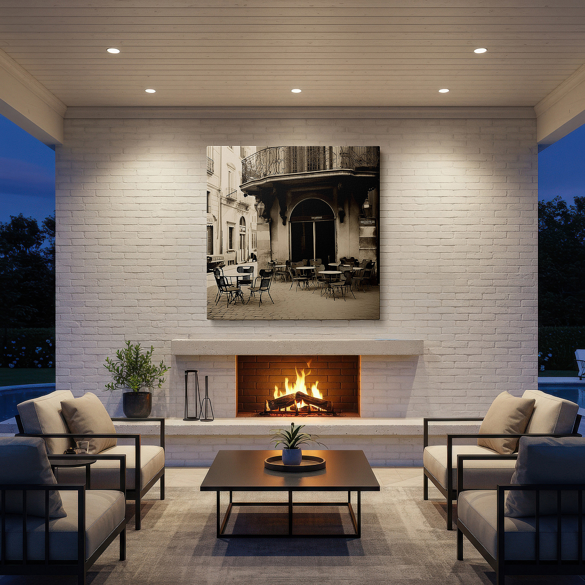 Perfectly sized at 45×30 cm for accenting shelves or narrow walls — wall art: serene city café in monochrome - elegant wrought iron against a historic setting, large canvas wall art for home and office decor