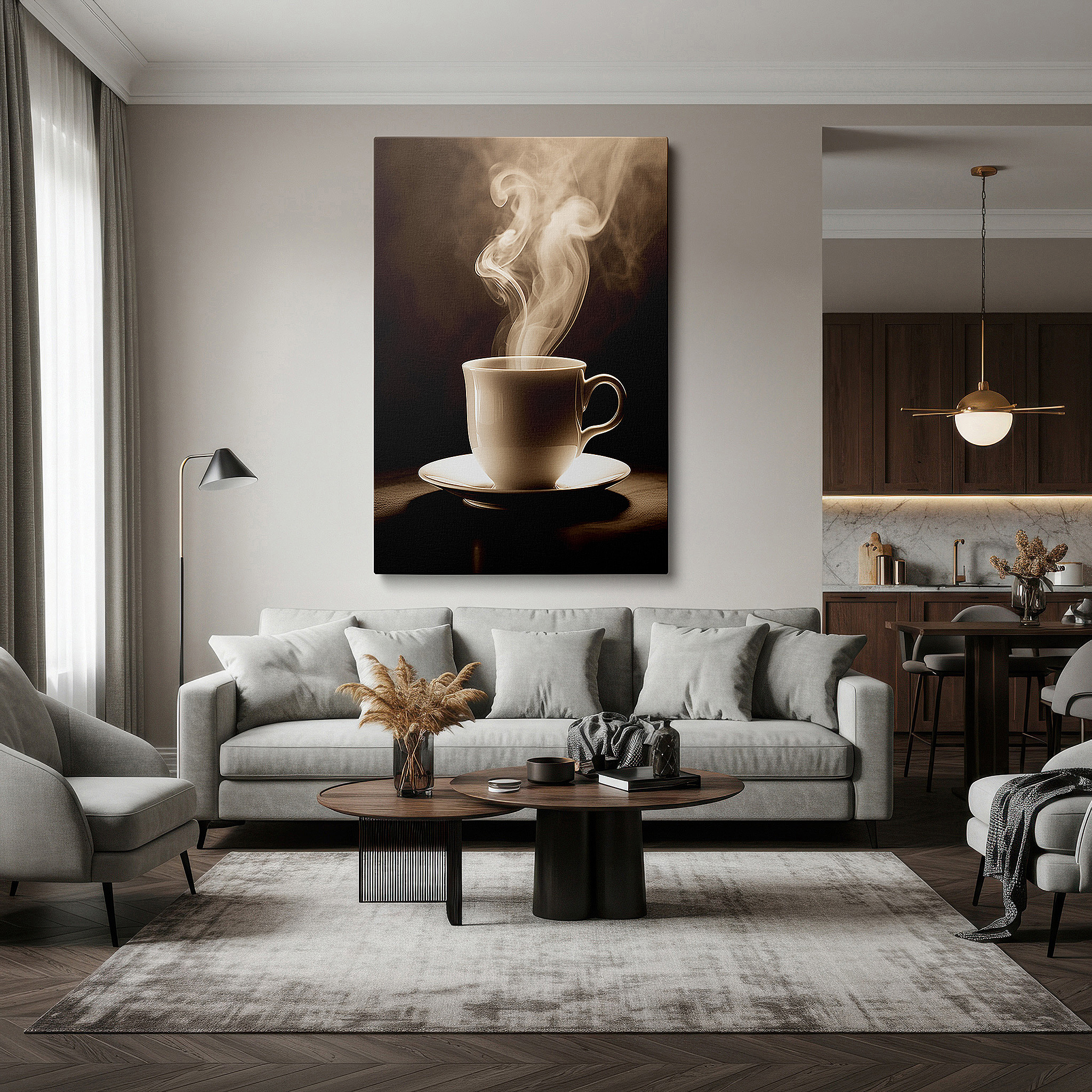 Perfectly sized at 45×30 cm for accenting shelves or narrow walls — wall art: serene coffee cup with rising steam - a peaceful reminder to enjoy the simple joys in life. ideal for home or office decor, large canvas wall art.