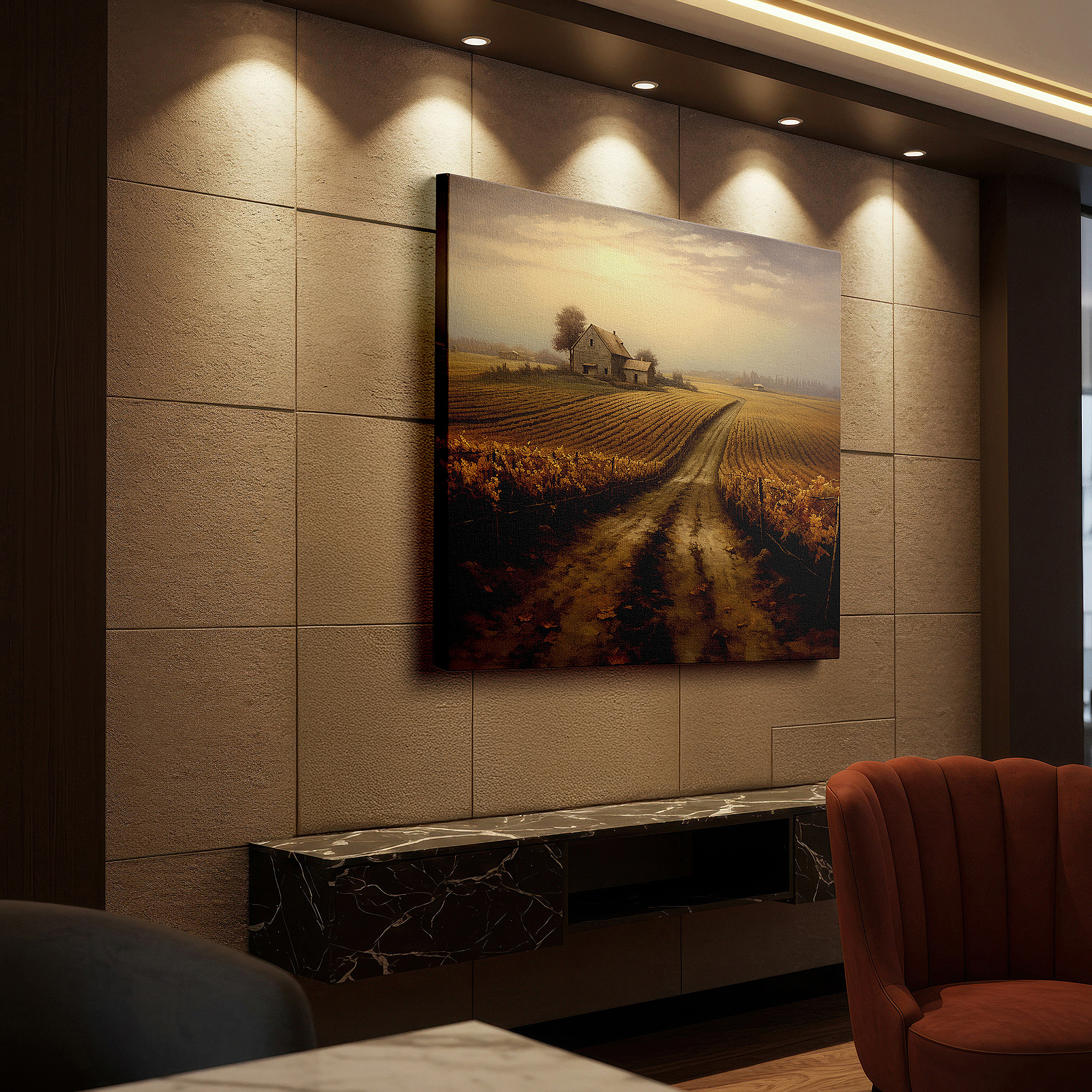 Perfectly sized at 45×30 cm for accenting shelves or narrow walls — wall art: serene homestead and vibrant vineyards beneath a gentle dusk sky - large canvas wall art for office, bedroom, and living room decor