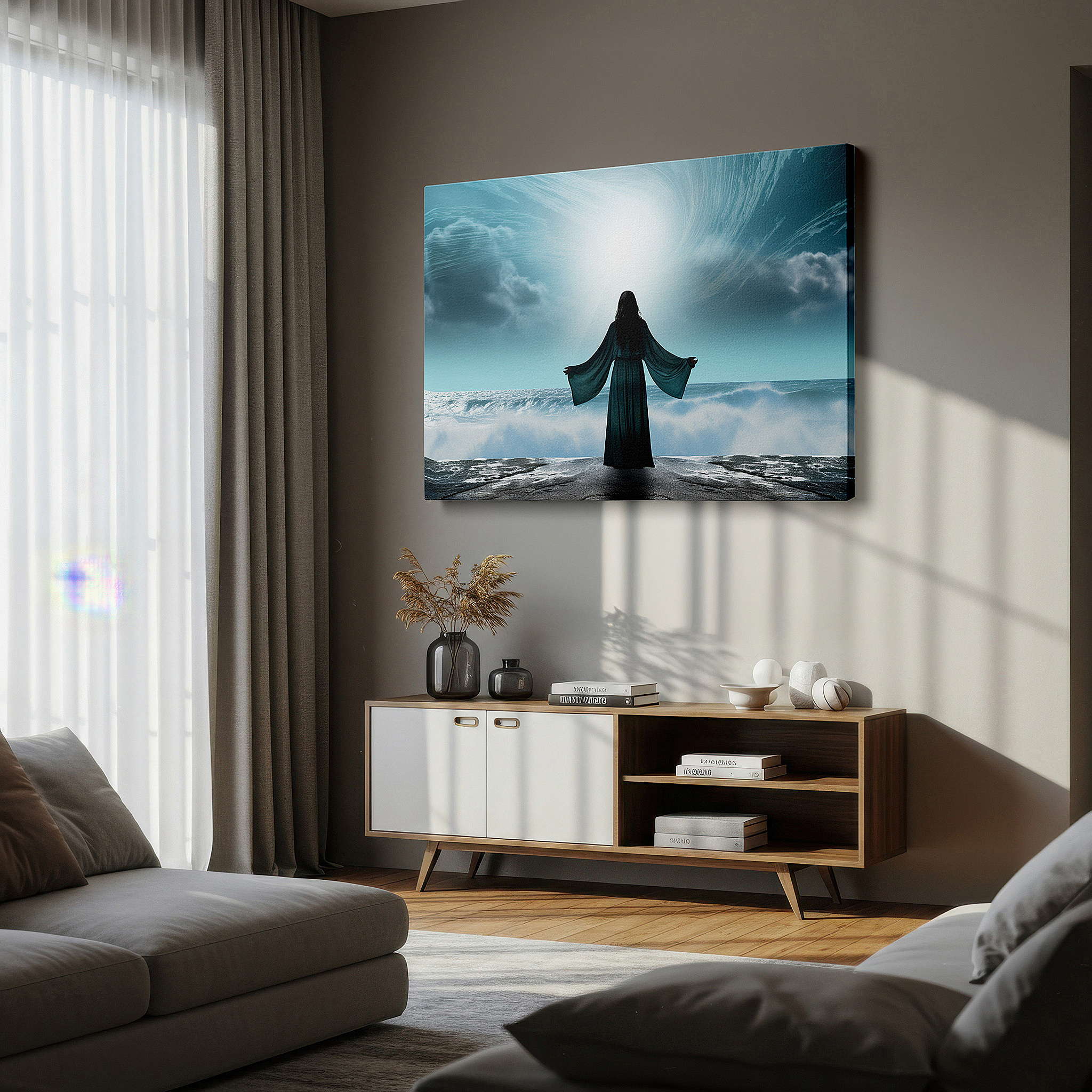 Perfectly sized at 45×30 cm for accenting shelves or narrow walls — wall art: serene seascape with figure on cliff - embrace nature's grandeur and peacefulness. ideal for home or office decor, large canvas wall art.