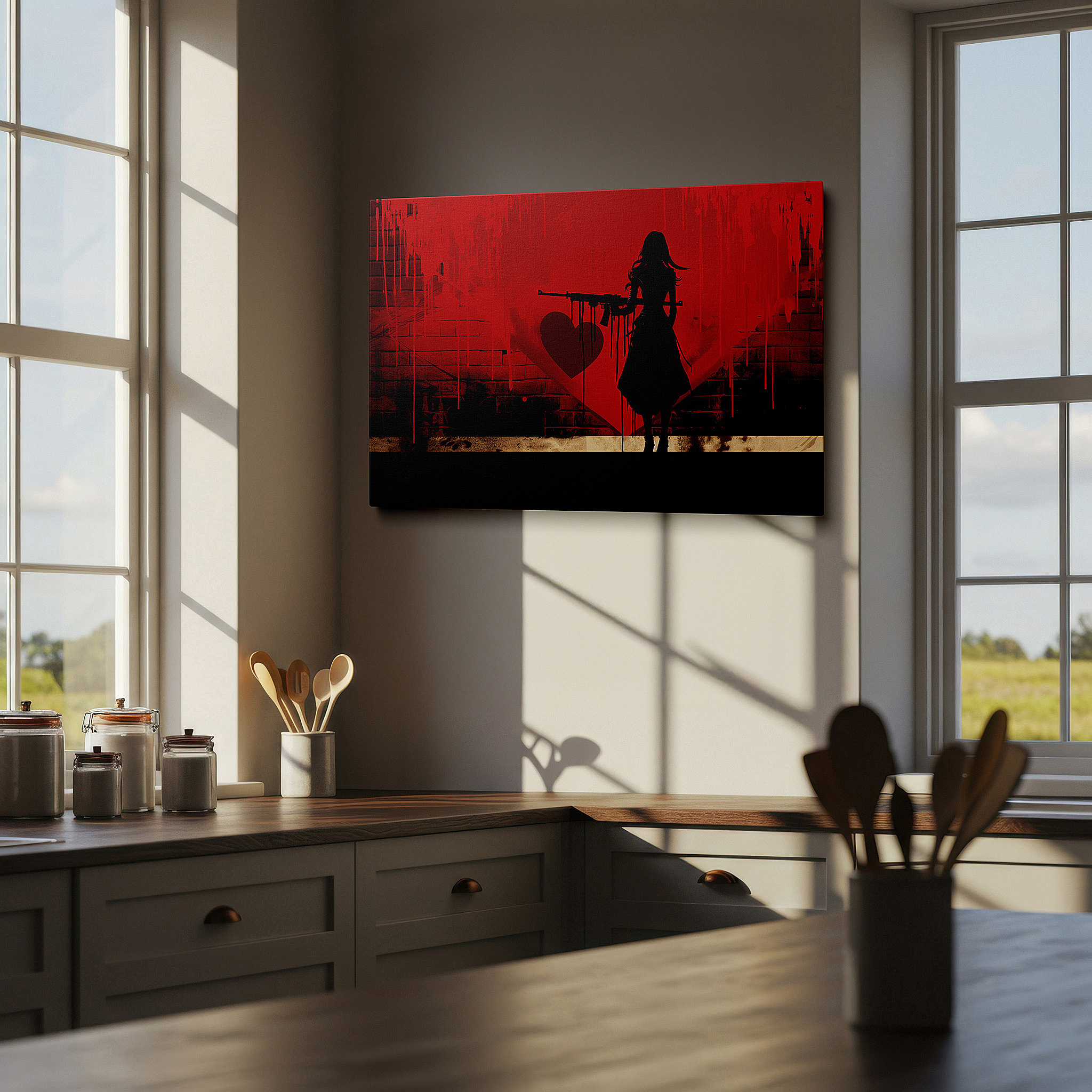 Perfectly sized at 45×30 cm for accenting shelves or narrow walls — wall art: silhouette of strength amidst heart-shaped conflict - large canvas wall art for office, bedroom, and living room decor