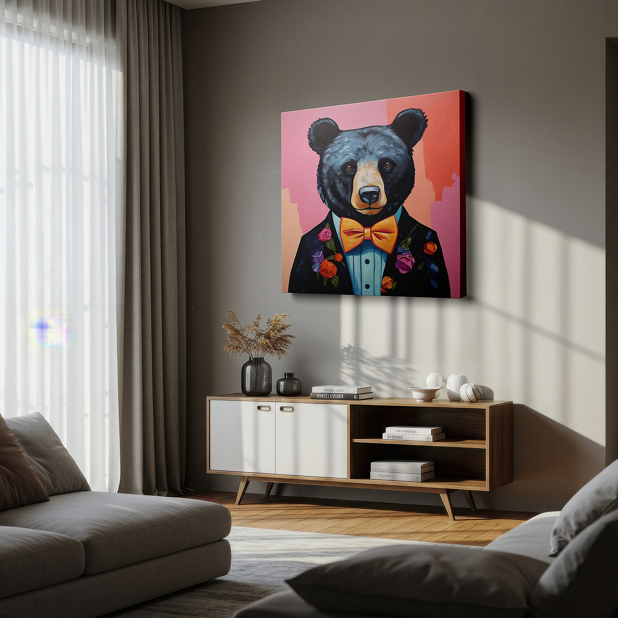 Perfectly sized at 45×30 cm for accenting shelves or narrow walls — wall art: stylish bear in elegant attire with floral designs - perfect for home and office decor, available as large canvas wall art for bedrooms and other spaces.