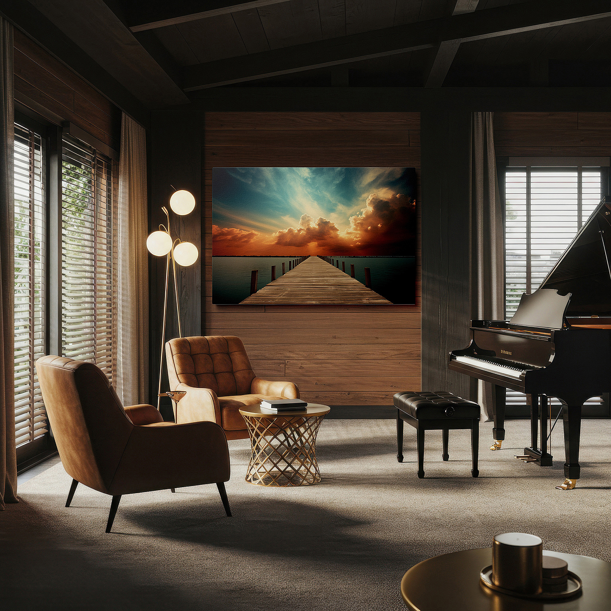 Perfectly sized at 45×30 cm for accenting shelves or narrow walls — wall decor: explore tranquility with a rustic pier and vivid sunset reflections - large canvas art for home and office