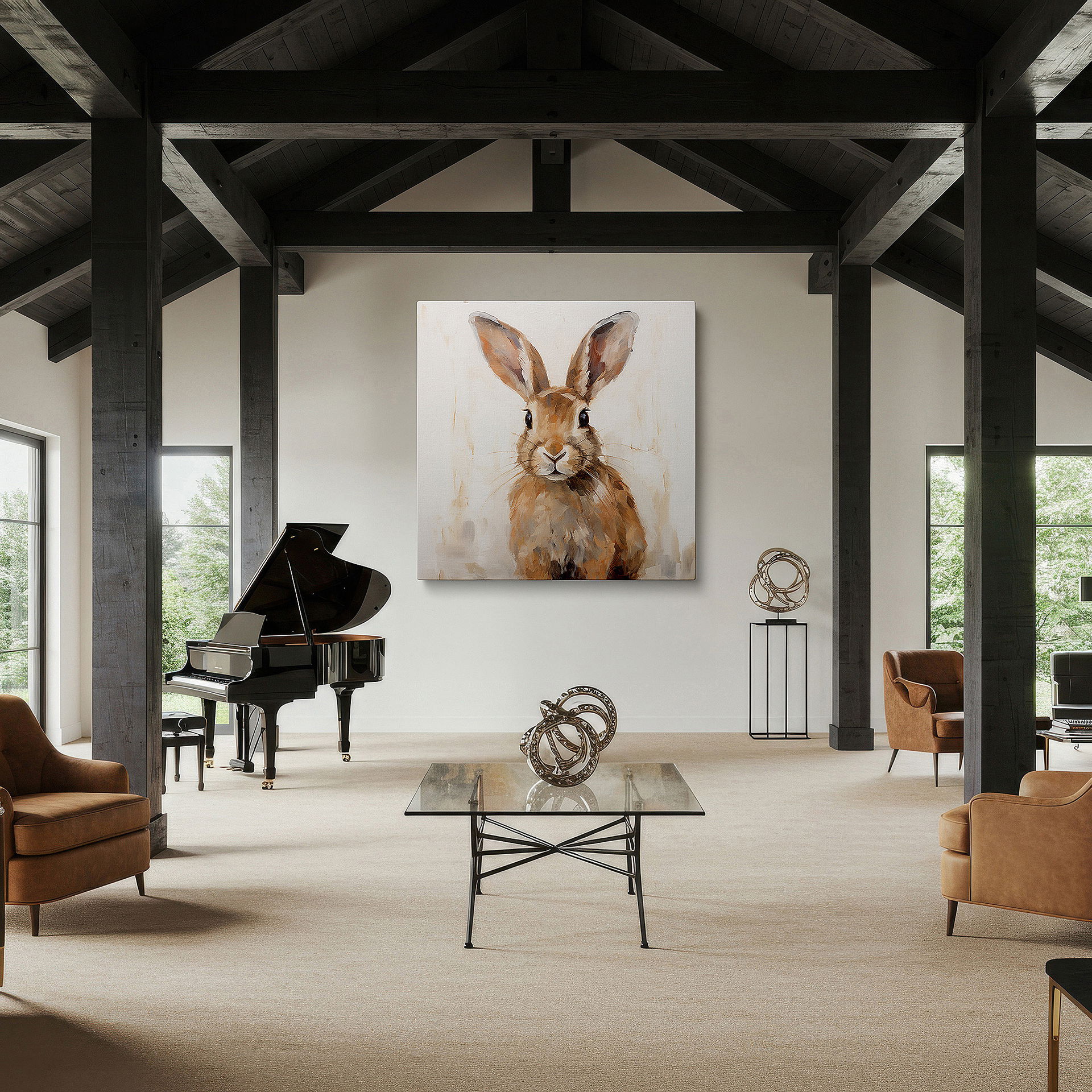 Perfectly sized at 45×30 cm for accenting shelves or narrow walls — wall decor: stunningly detailed rabbit portrait embraces