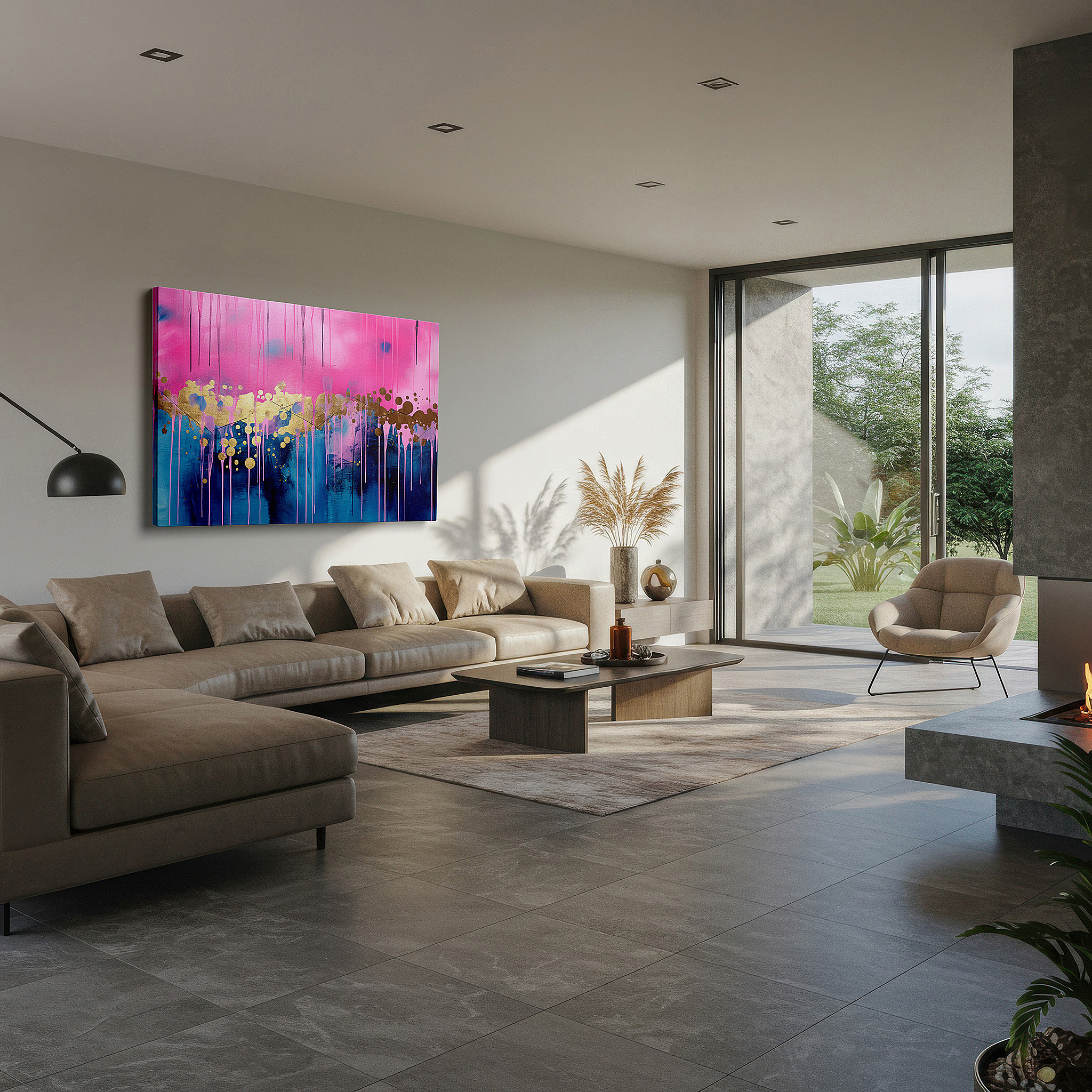 Positioned above a console table between ceramic vases — abstract expressionist large wall art featuring dynamic harmony of pink and gold splashes, ideal for office and bedroom decor