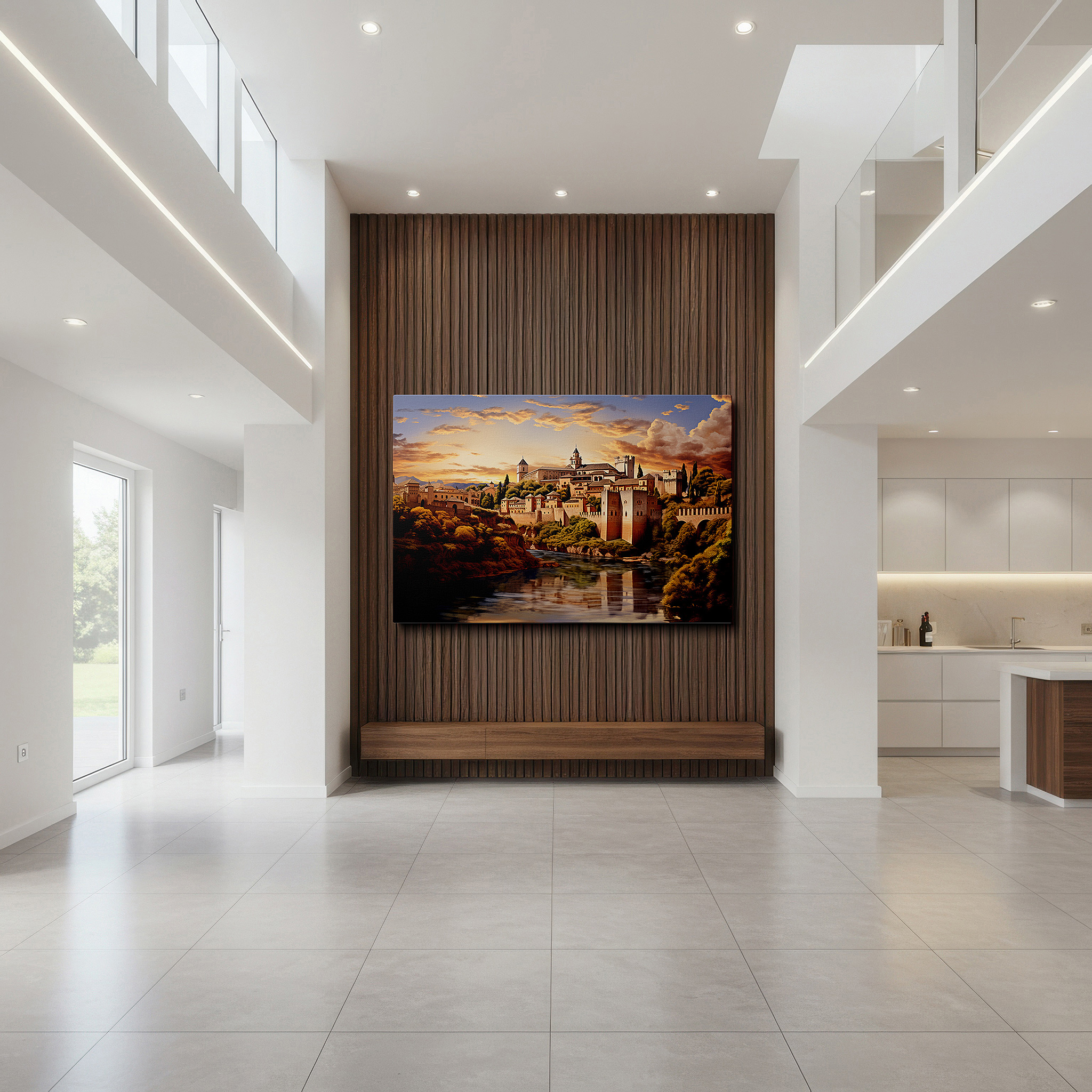 Positioned above a console table between ceramic vases — alhambra's autumn splendor: a canvas of fiery reds and earth tones set against historic grandeur - large wall art for office decor