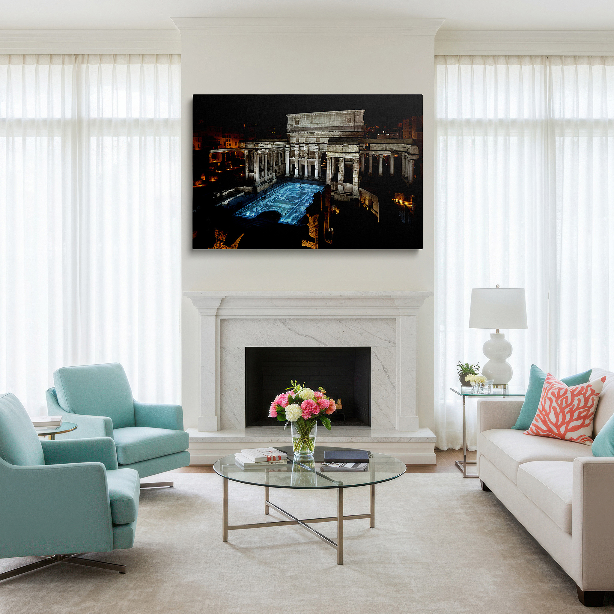 Positioned above a console table between ceramic vases — ancient echoes in modern lights: blending historical grandeur with contemporary technology - large wall art, canvas wall art, wall decor