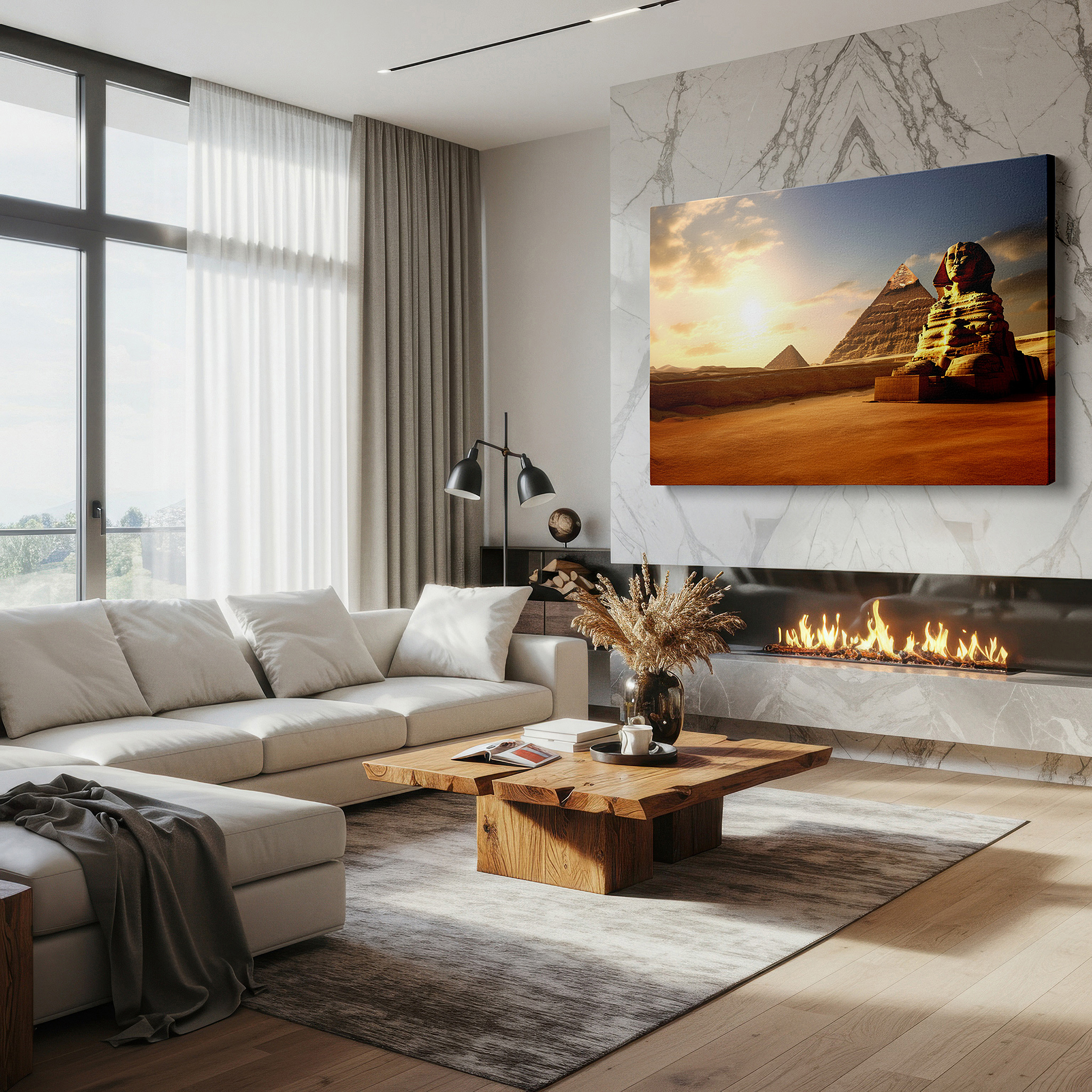 Positioned above a console table between ceramic vases — ancient egypt gateway featuring the majestic sphinx and pyramids large canvas wall art for office and bedroom decor
