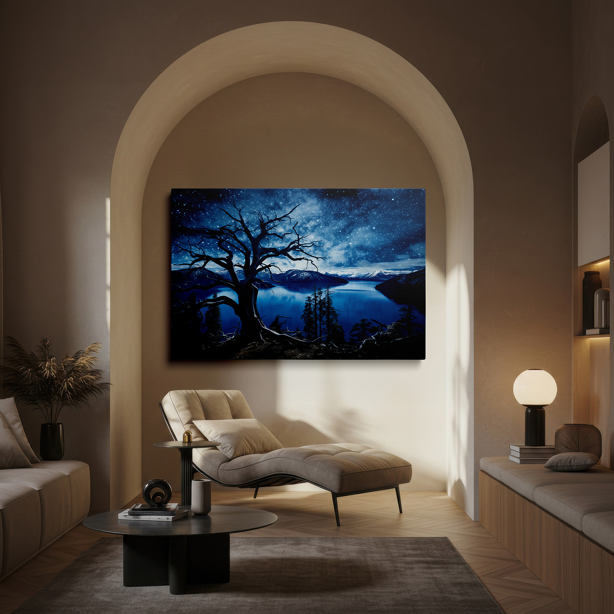 Positioned above a console table between ceramic vases — ancient tree silhouette against a starry sky with tranquil lake reflection large wall art, canvas wall art, wall decor