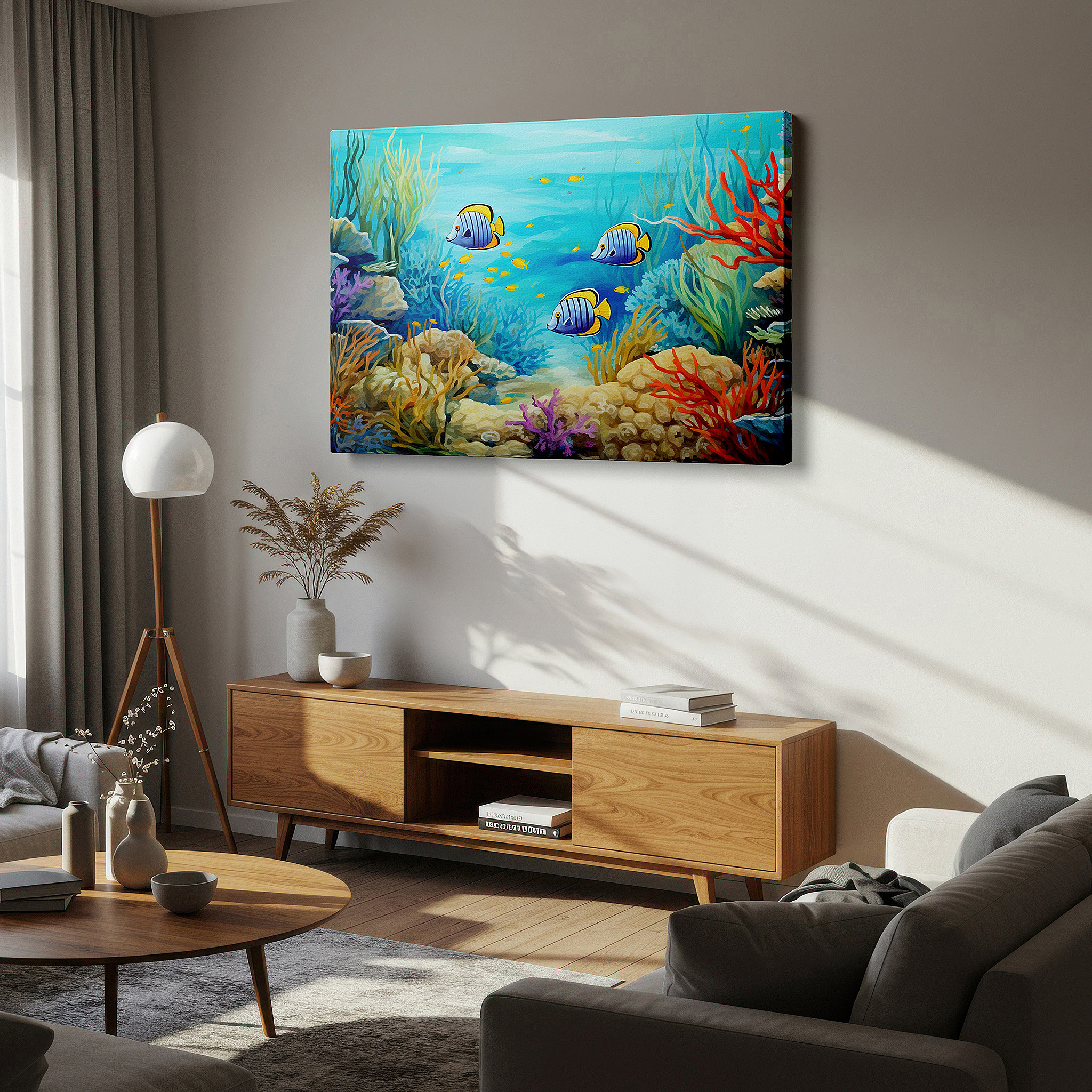 Positioned above a console table between ceramic vases — aquatic wonders wall art: explore an enchanted underwater realm with large canvas prints for home and office decor
