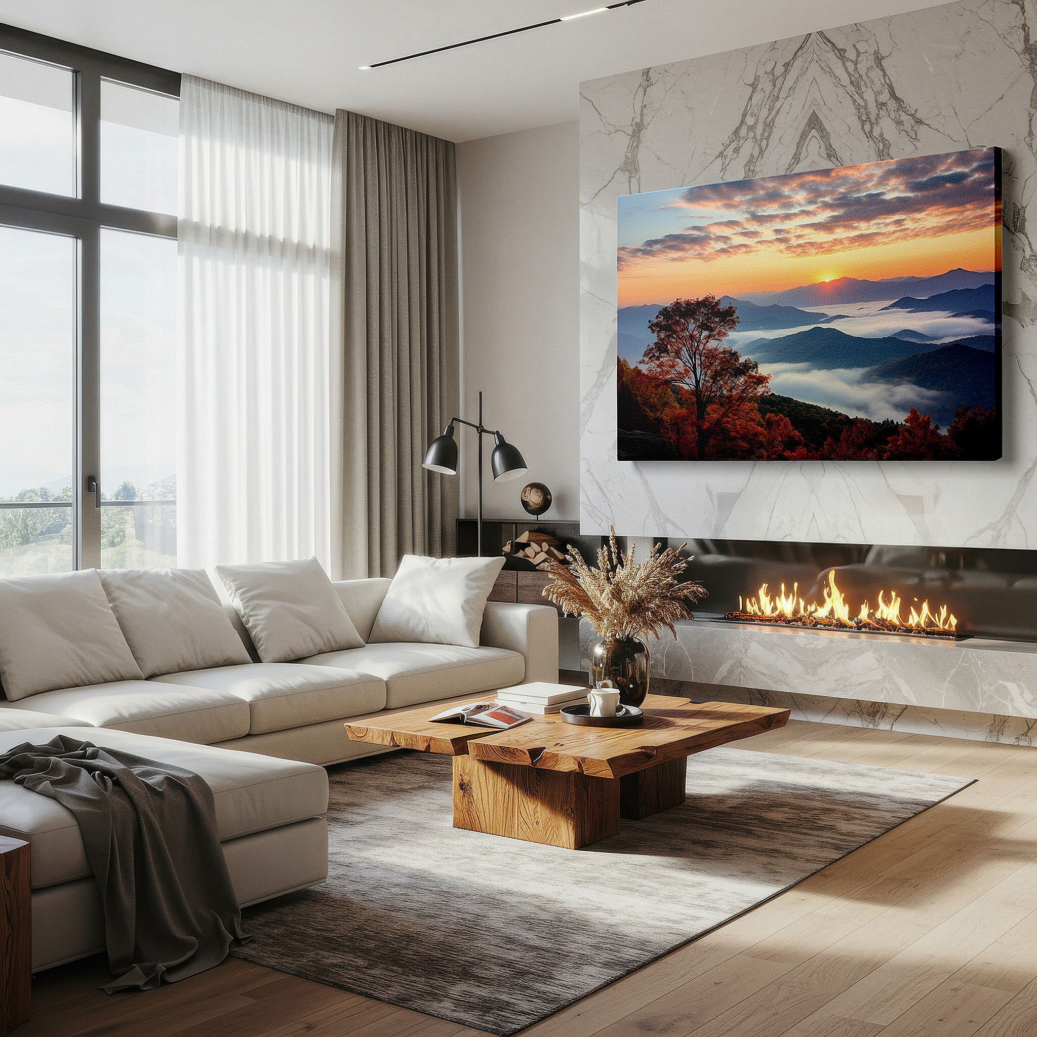 Positioned above a console table between ceramic vases — autumn sunset over rolling hills - a vivid celebration of nature's canvas: large wall art, canvas wall art, wall art decor for offices and bedrooms