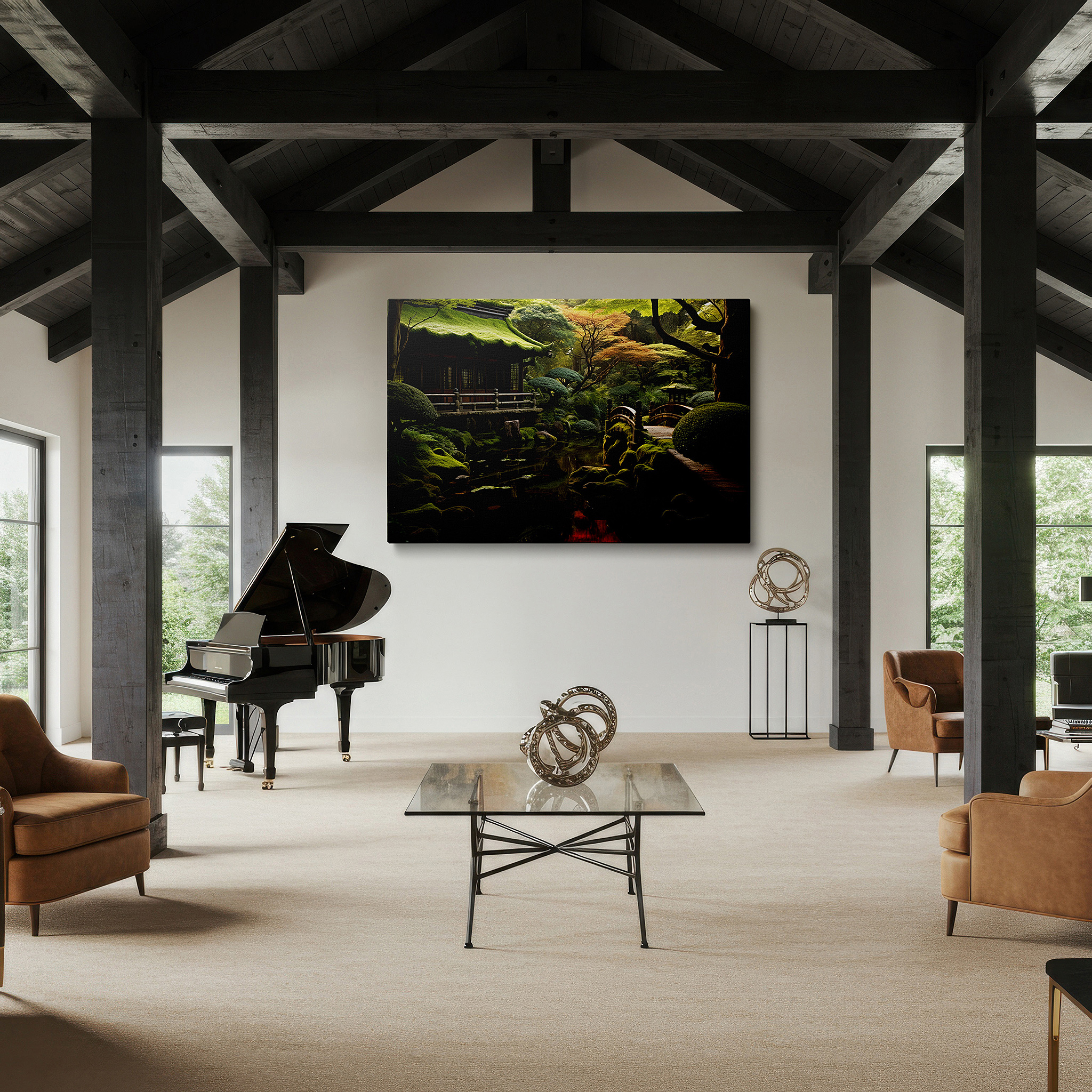 Positioned above a console table between ceramic vases — autumnal tranquility in a japanese garden - exquisite large wall art celebrating nature's peace and seasonal charm, canvas wall art, wall decor