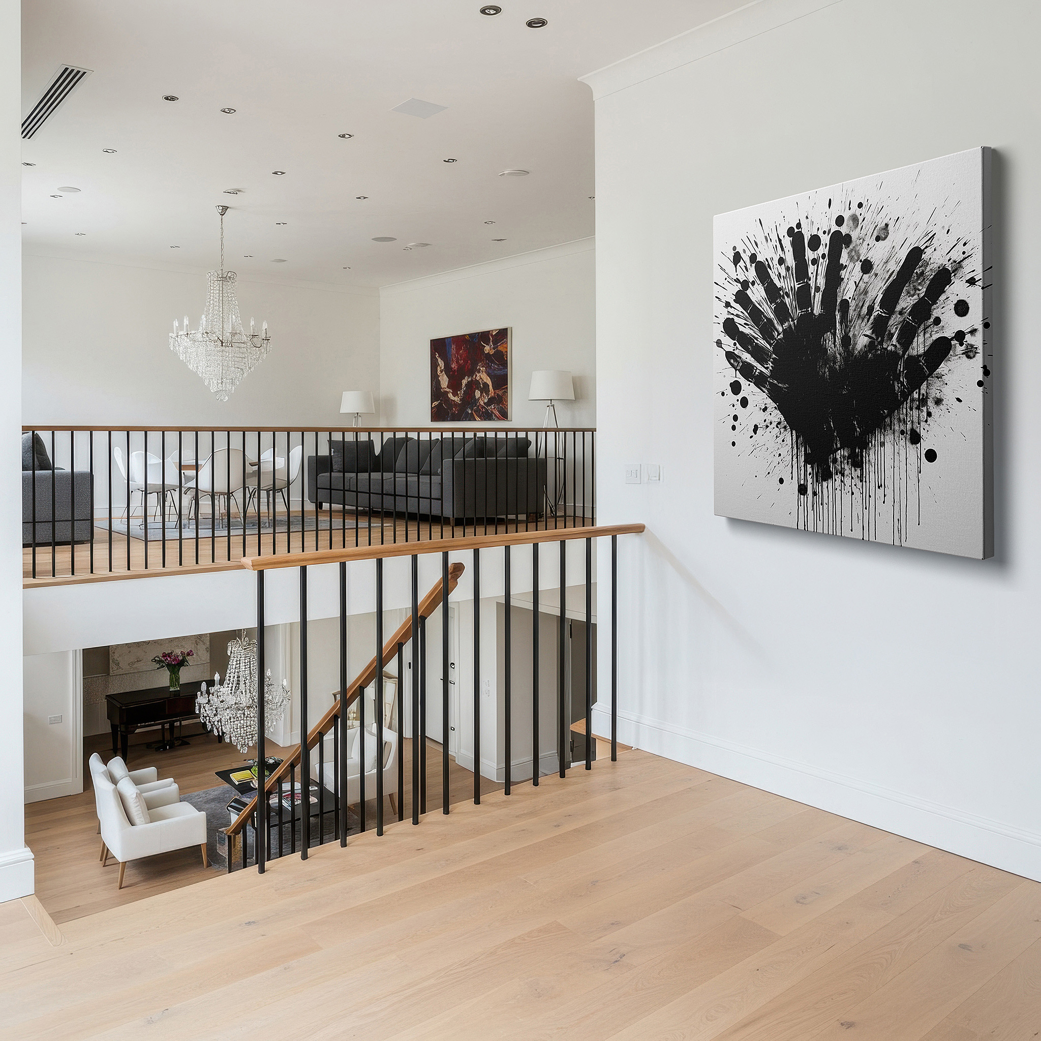 Positioned above a console table between ceramic vases — black handprint on white background: a representation of identity and emotion - large wall art, canvas wall art, wall decor for office and bedroom
