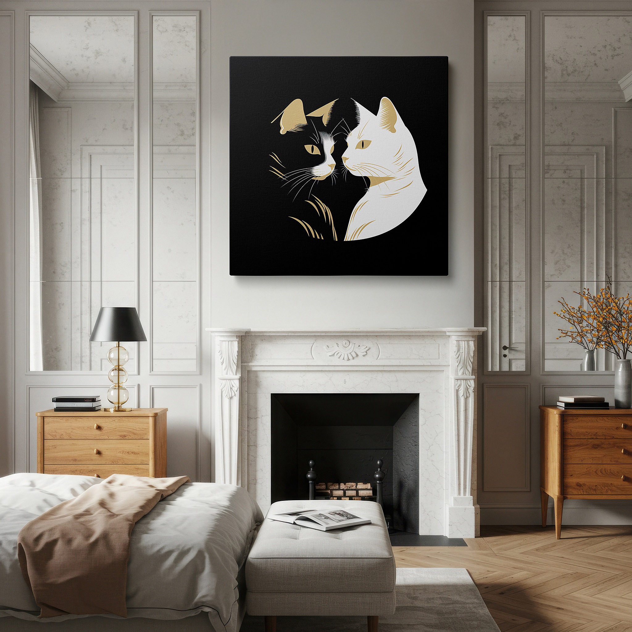 Positioned above a console table between ceramic vases — black and white duality - minimalist contrast featuring two cats, large canvas wall art for office and bedroom decor
